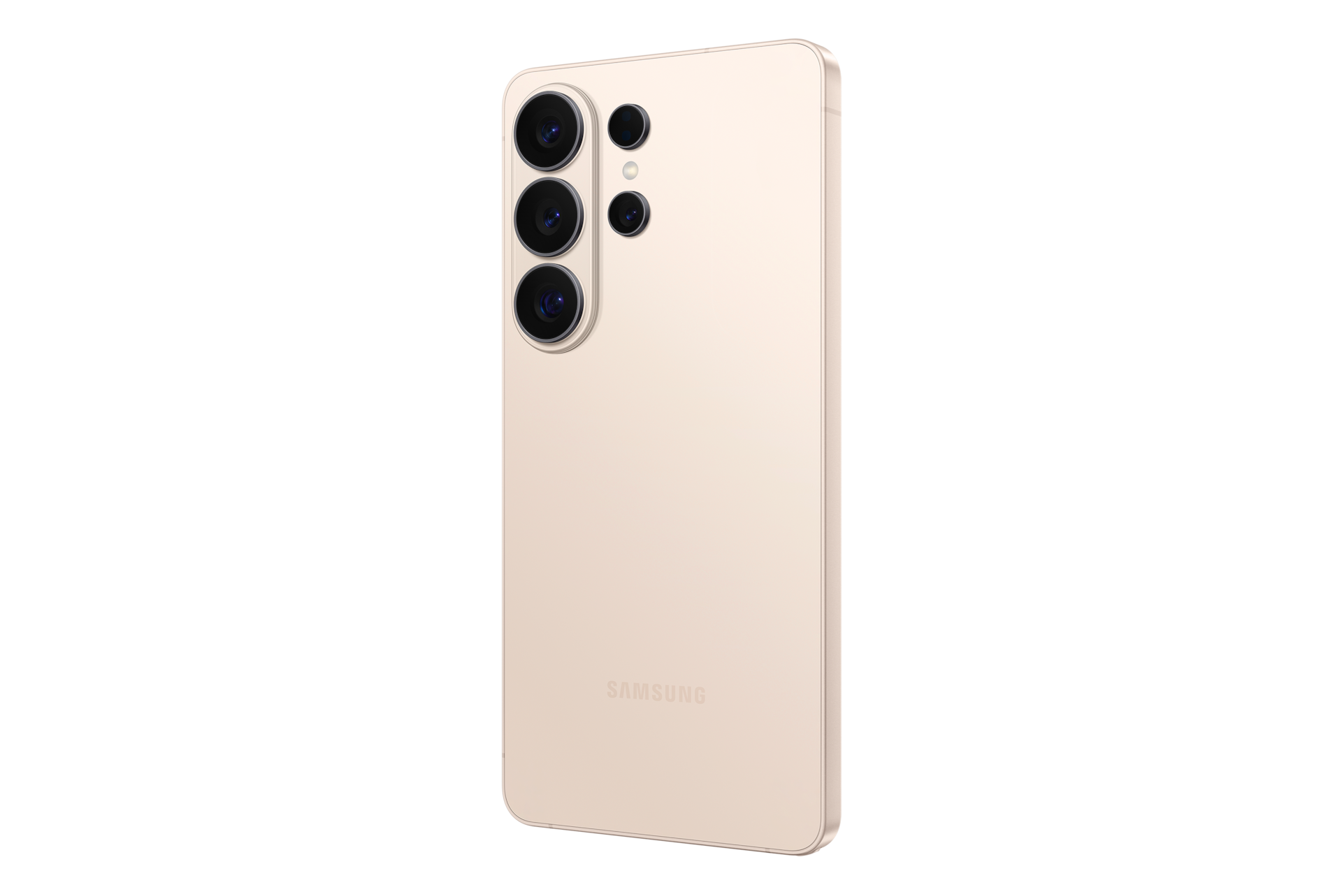 Tył beżowego smartfona Samsung z pionowym potrójnym aparatem na czarnym tle.