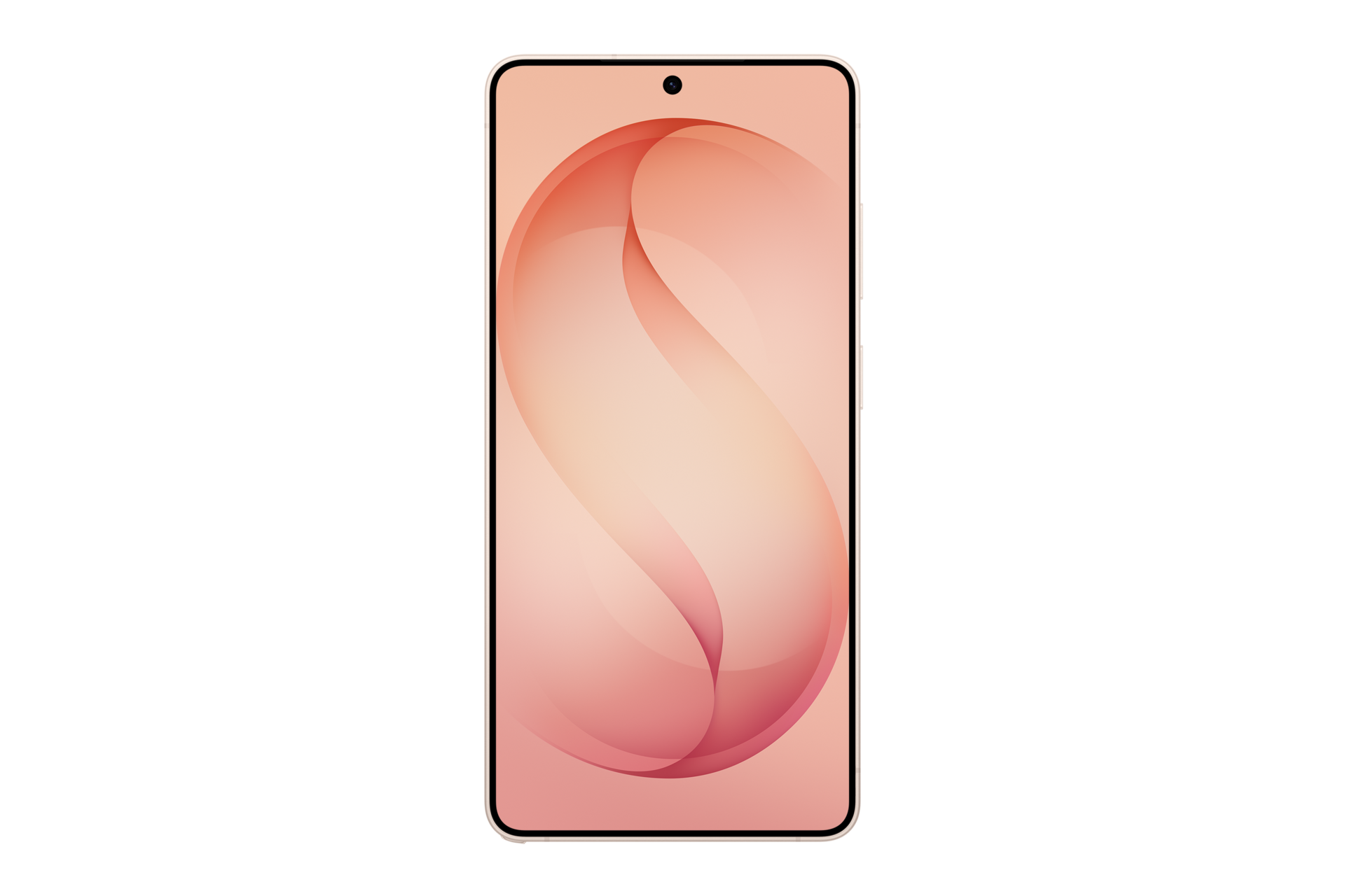 Smartfon z miękką, zakrzywioną pomarańczową grafiką w kształcie litery S na ekranie na czarnym tle.