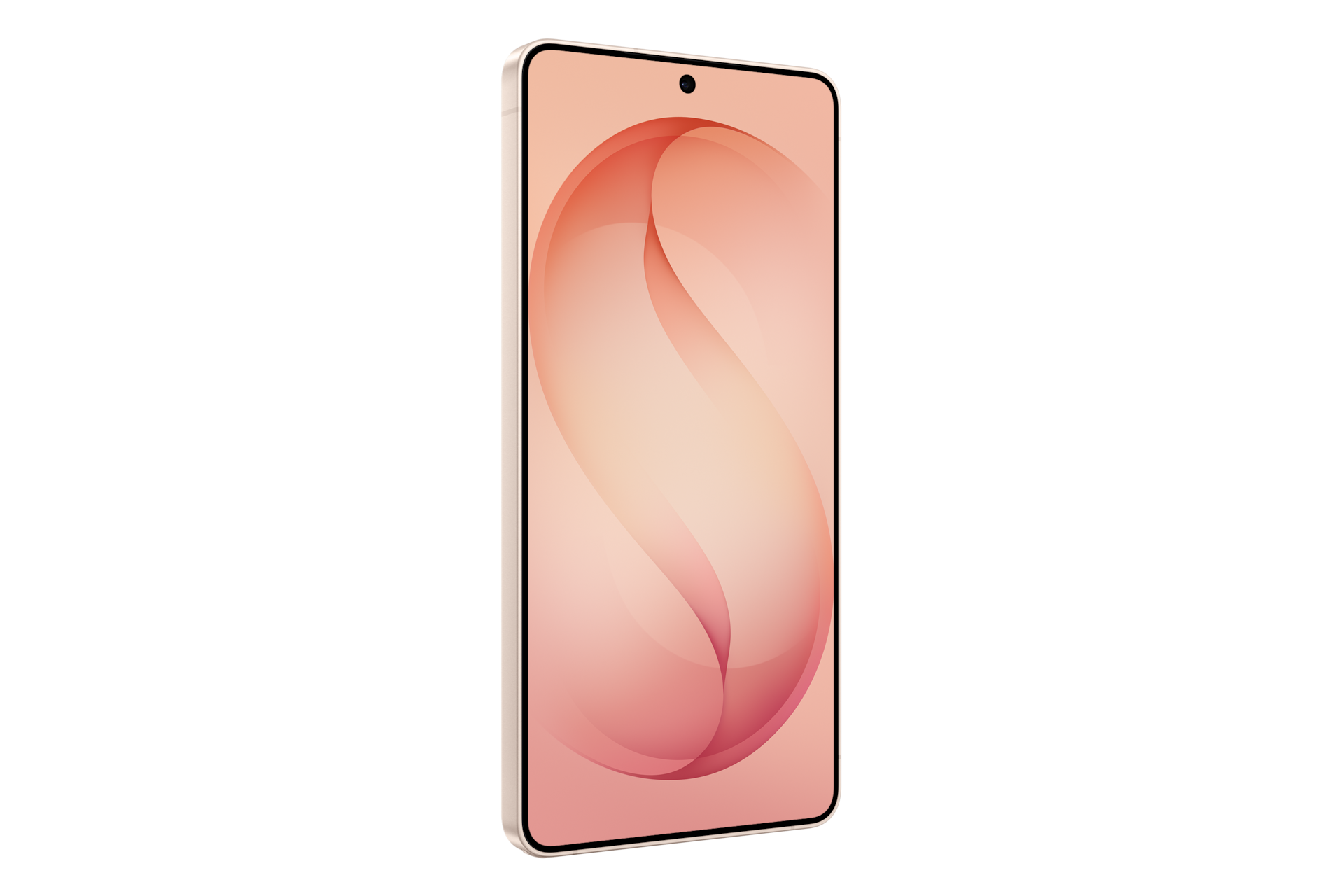 Smartfon z różową obudową i abstrakcyjnym czerwonym wzorem fali na ekranie na czarnym tle.