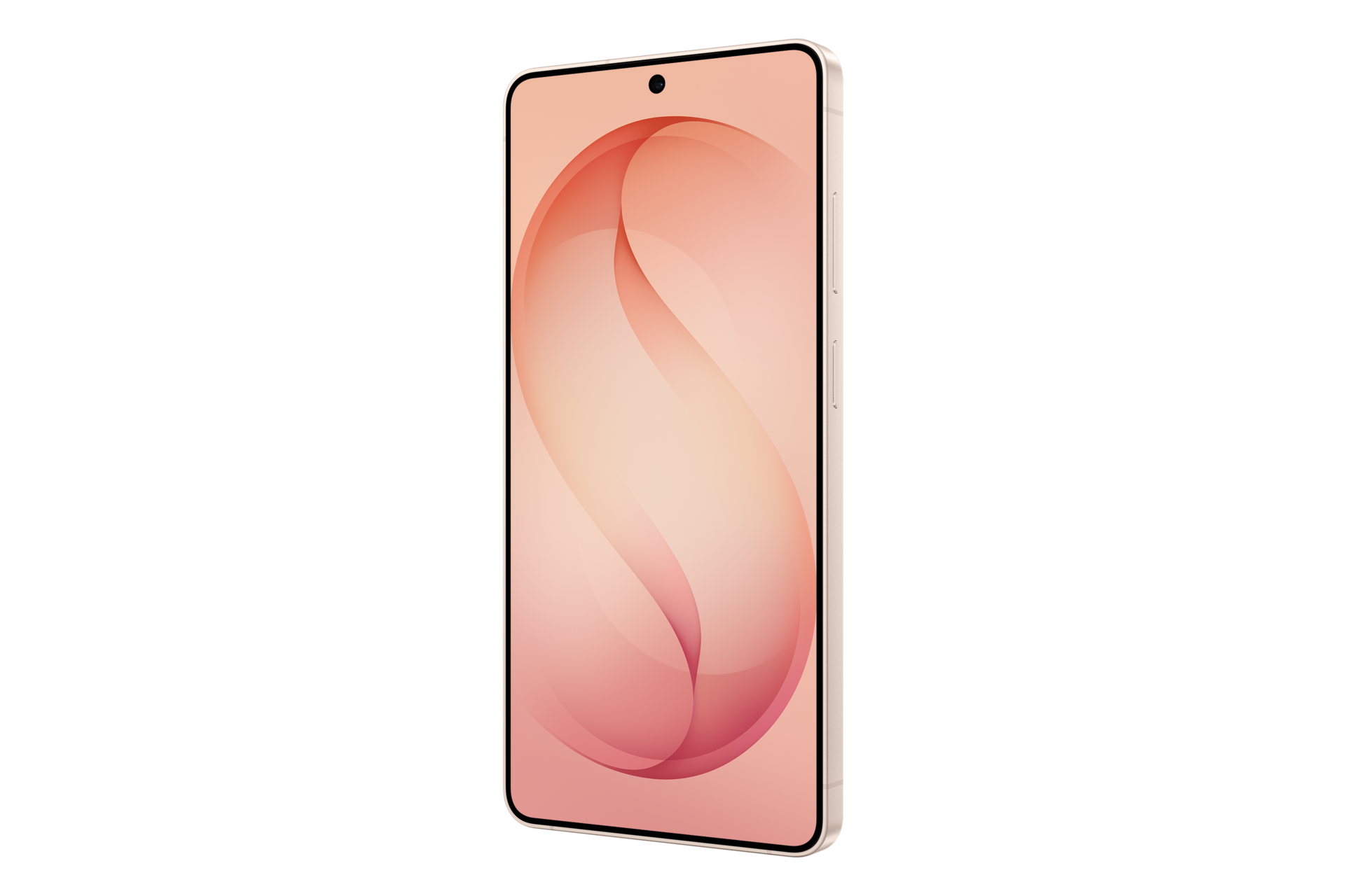 Smartfon z jasnoróżową tapetą jest pokazany pod kątem na czarnym tle.
