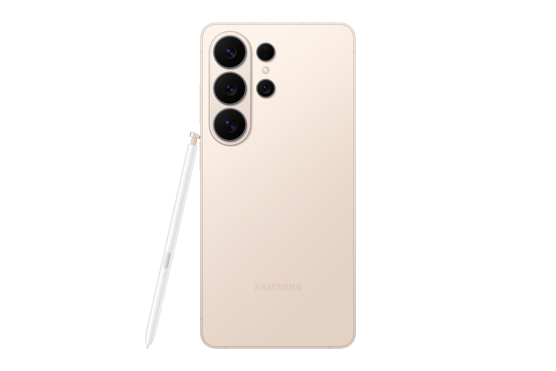 Beżowy smartfon Samsung z aparatem wieloobiektywowym i rysikiem S Pen na czarnym tle.