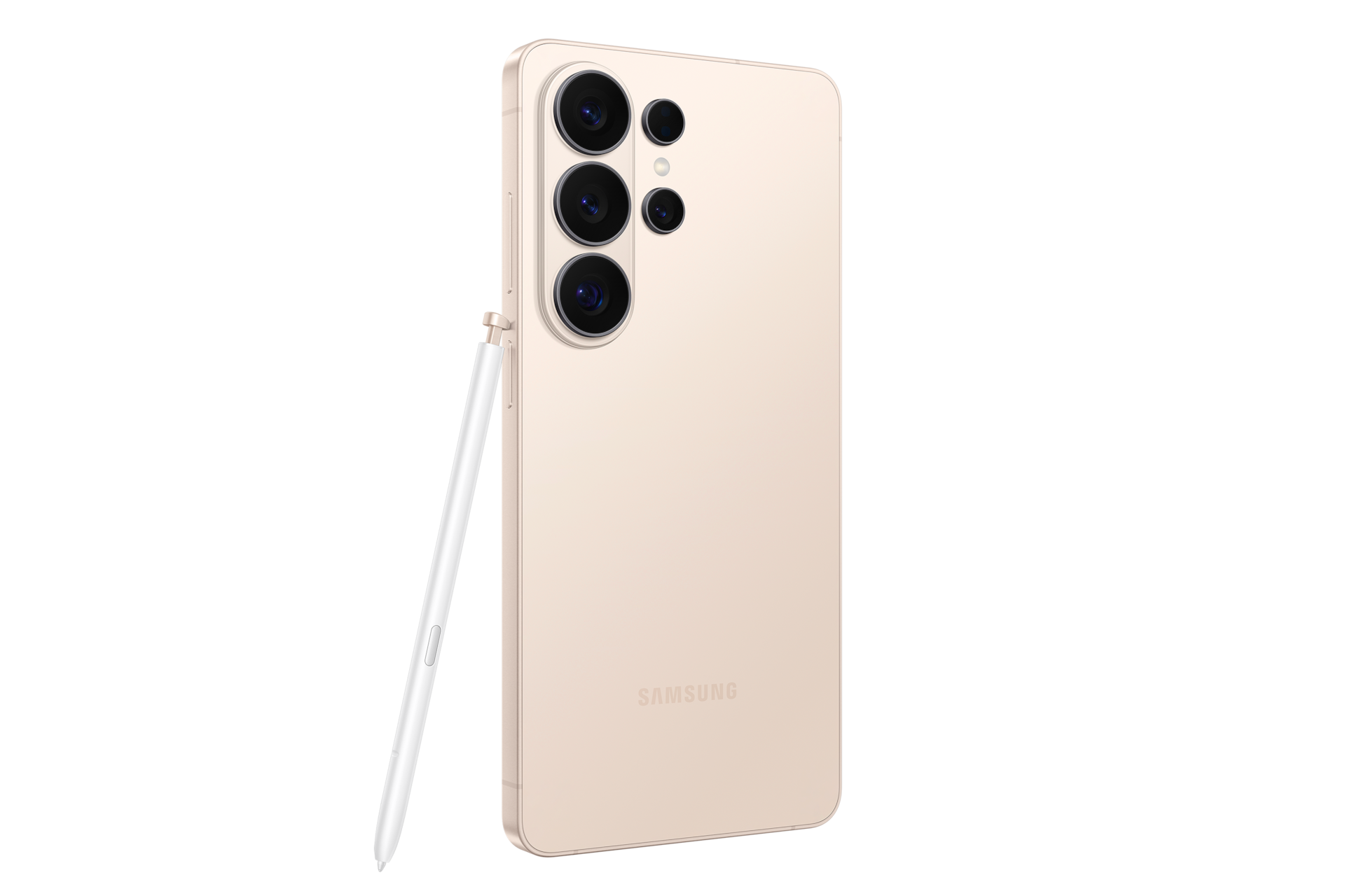 Beżowy smartfon Samsung od tyłu, pokazujący aparaty i rysik obok na czarnym tle.