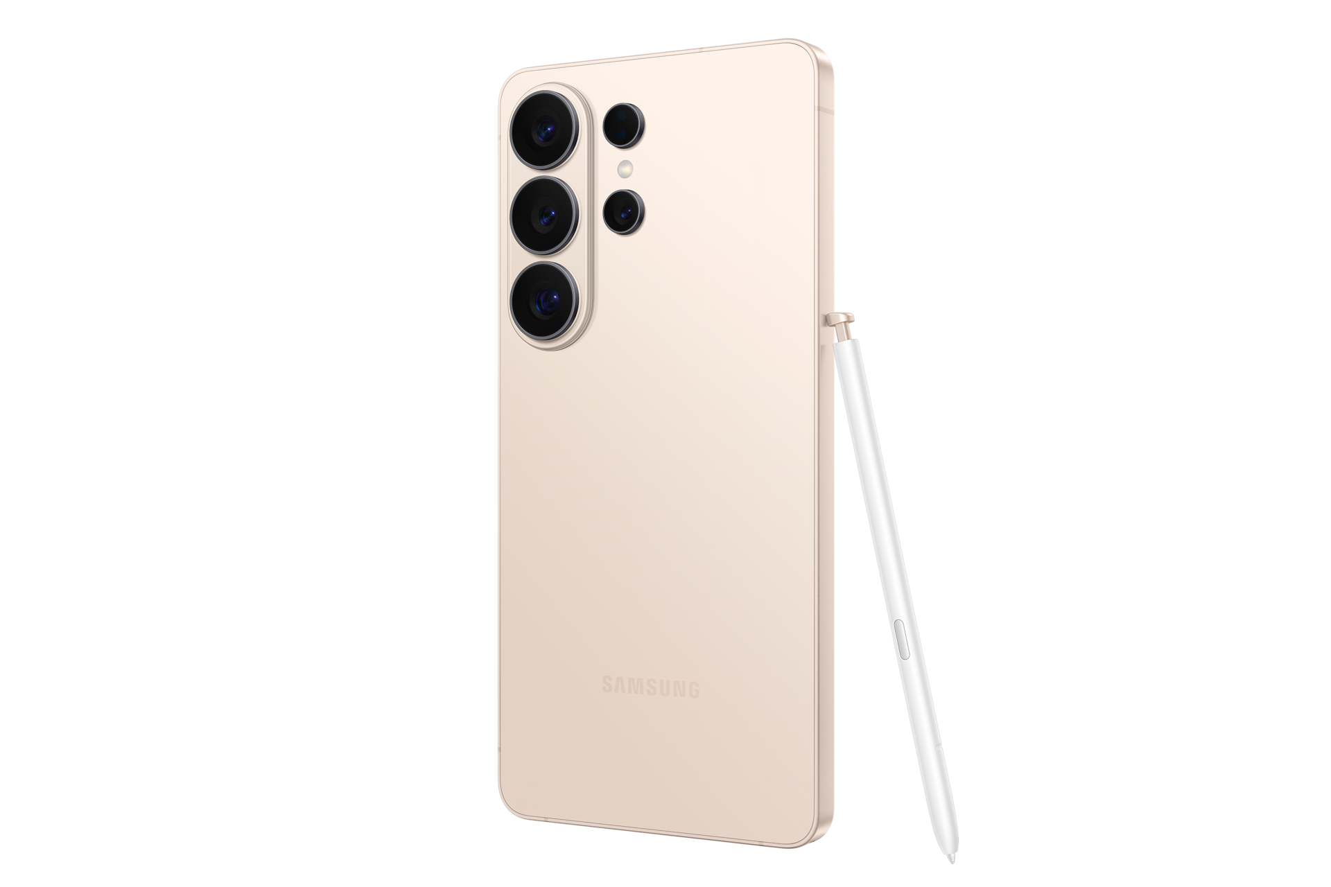 Beżowy smartfon Samsung z trzema aparatami z tyłu i białym rysikiem obok na czarnym tle.