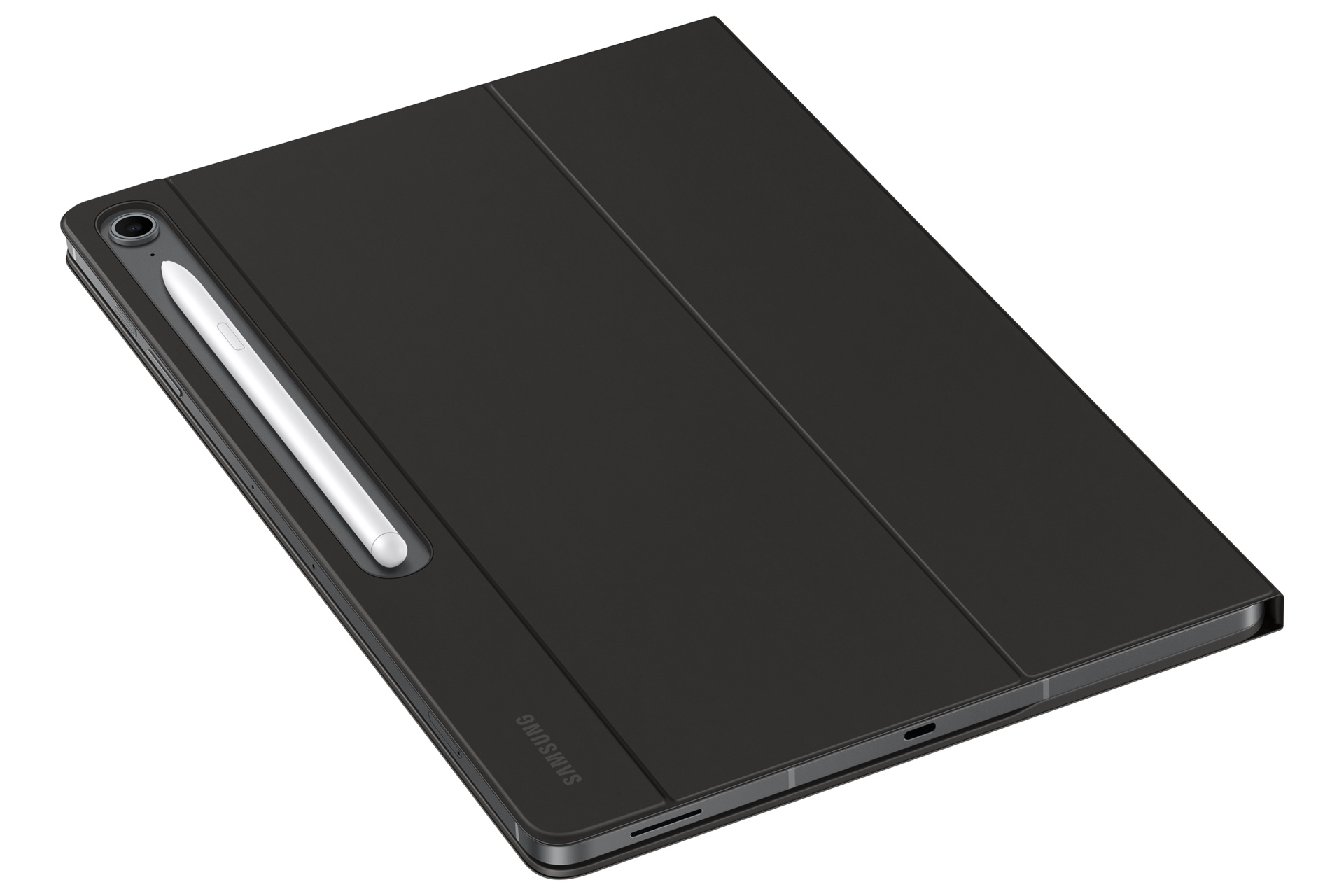 Une tablette Samsung noire dans une coque de protection avec un stylet blanc fixé, isolée sur fond noir.