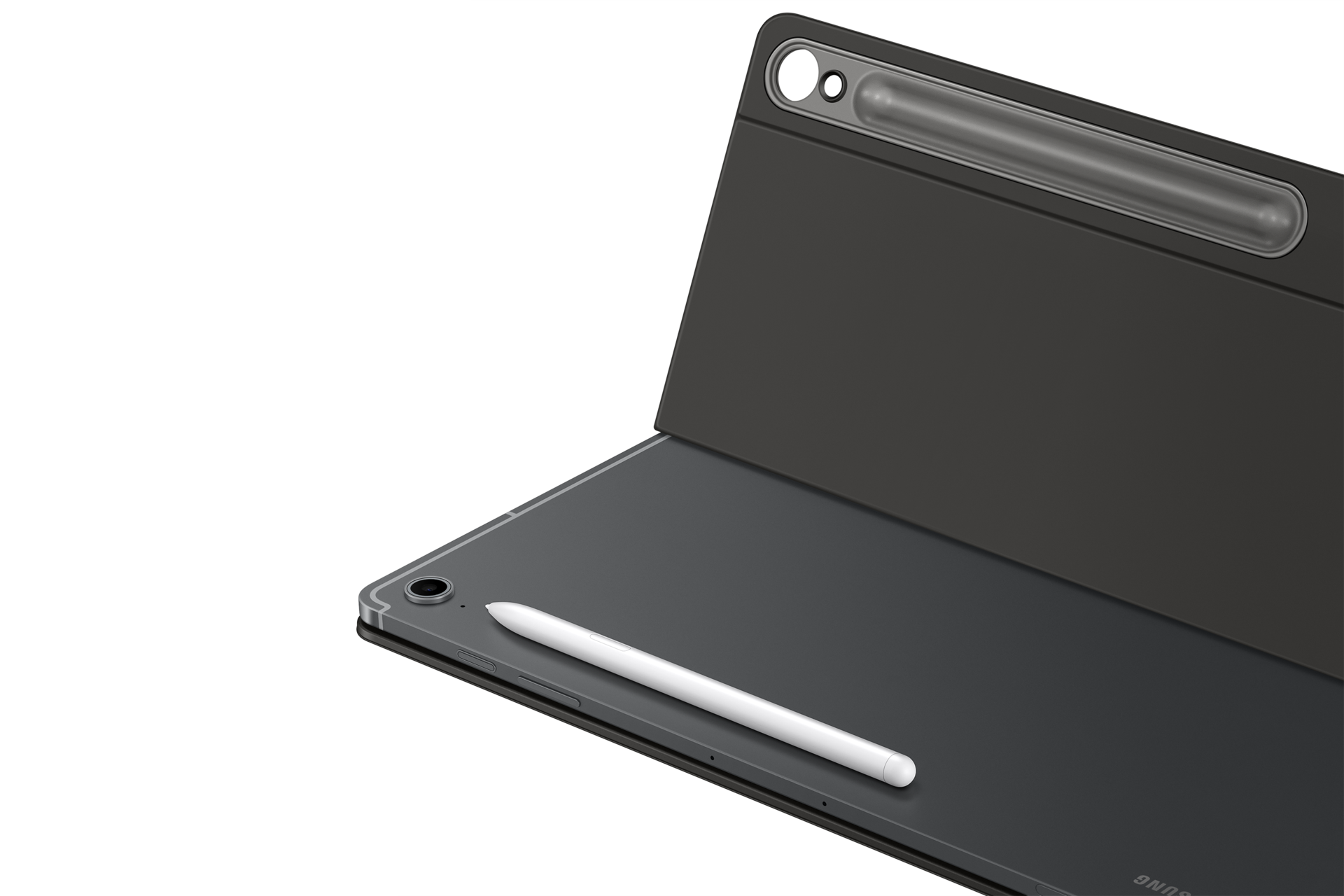 Une tablette noire dans un étui gris foncé avec un stylet blanc sur fond noir.
