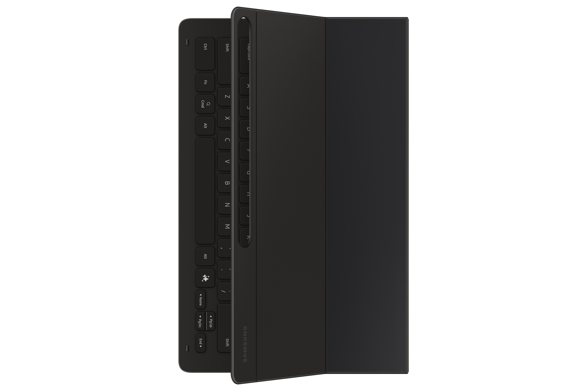 Un étui clavier de tablette noir plié verticalement sur fond noir uni.