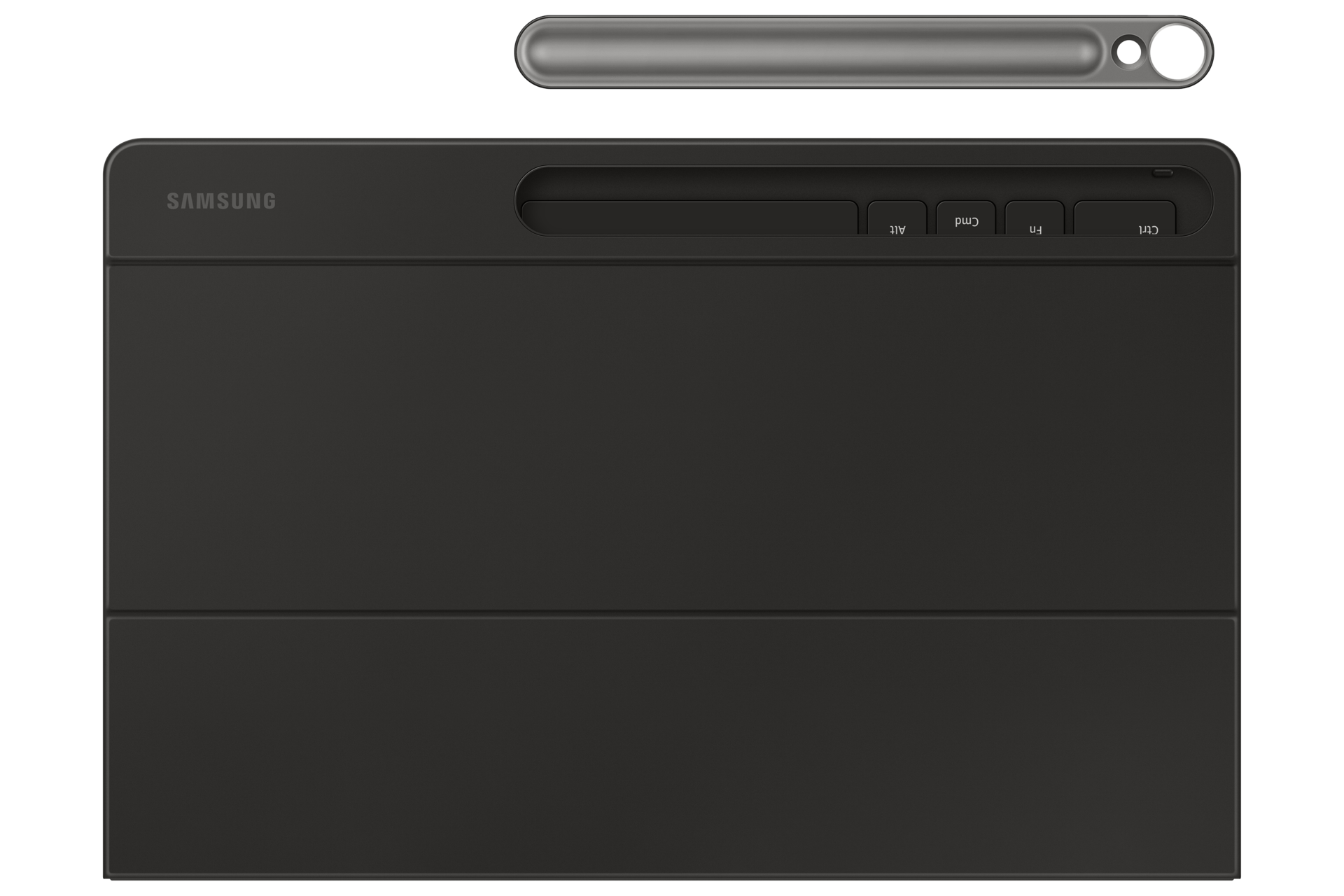 Un étui de tablette Samsung noir avec porte-stylet intégré et un stylet séparé sur fond noir.
