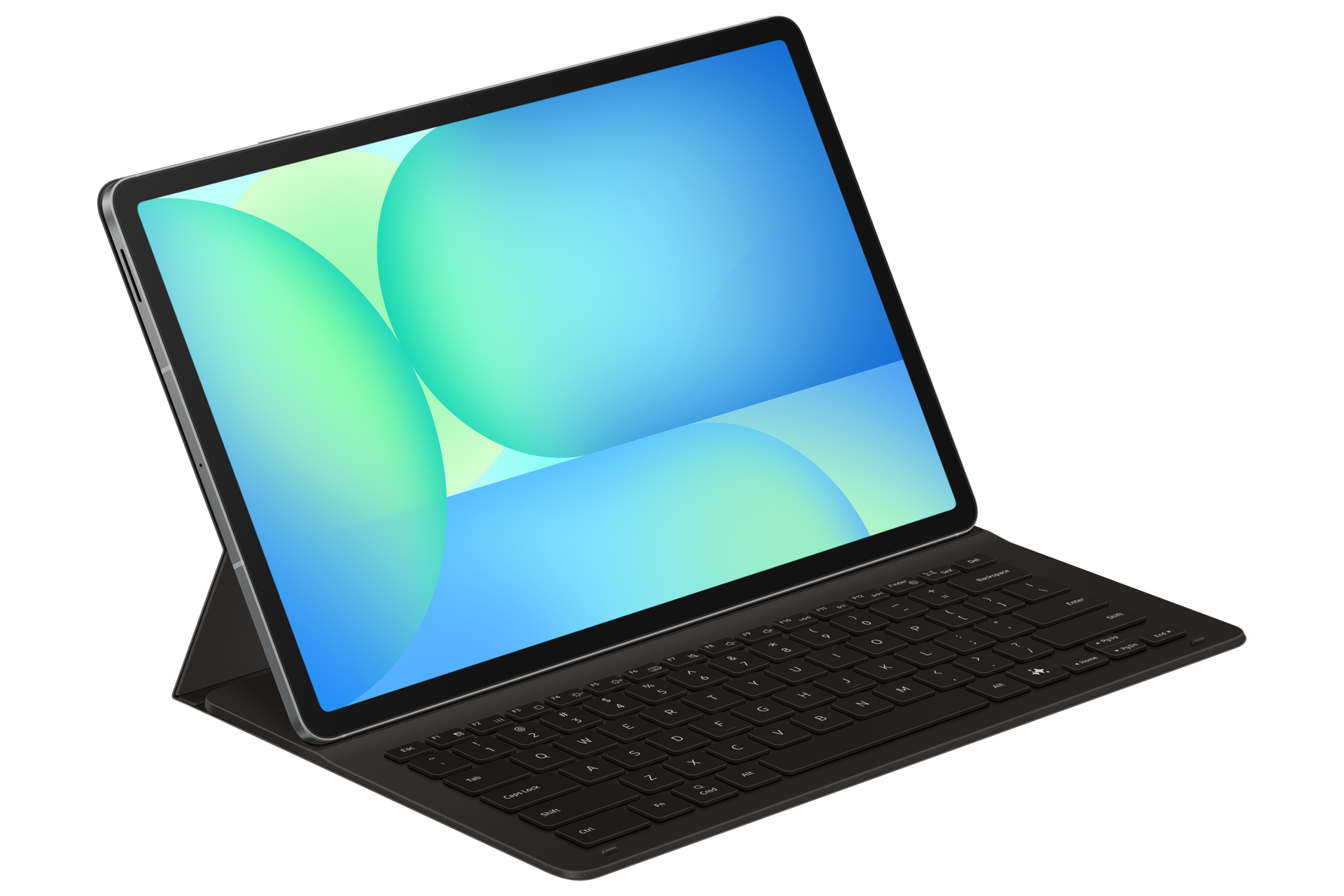 Une tablette avec fond d'écran bleu et vert est fixée à un étui clavier noir sur fond sombre.