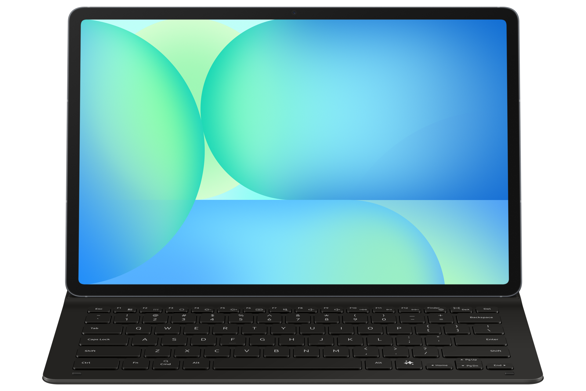 Une tablette noire avec un clavier attaché et un fond d'écran abstrait circulaire bleu et vert.