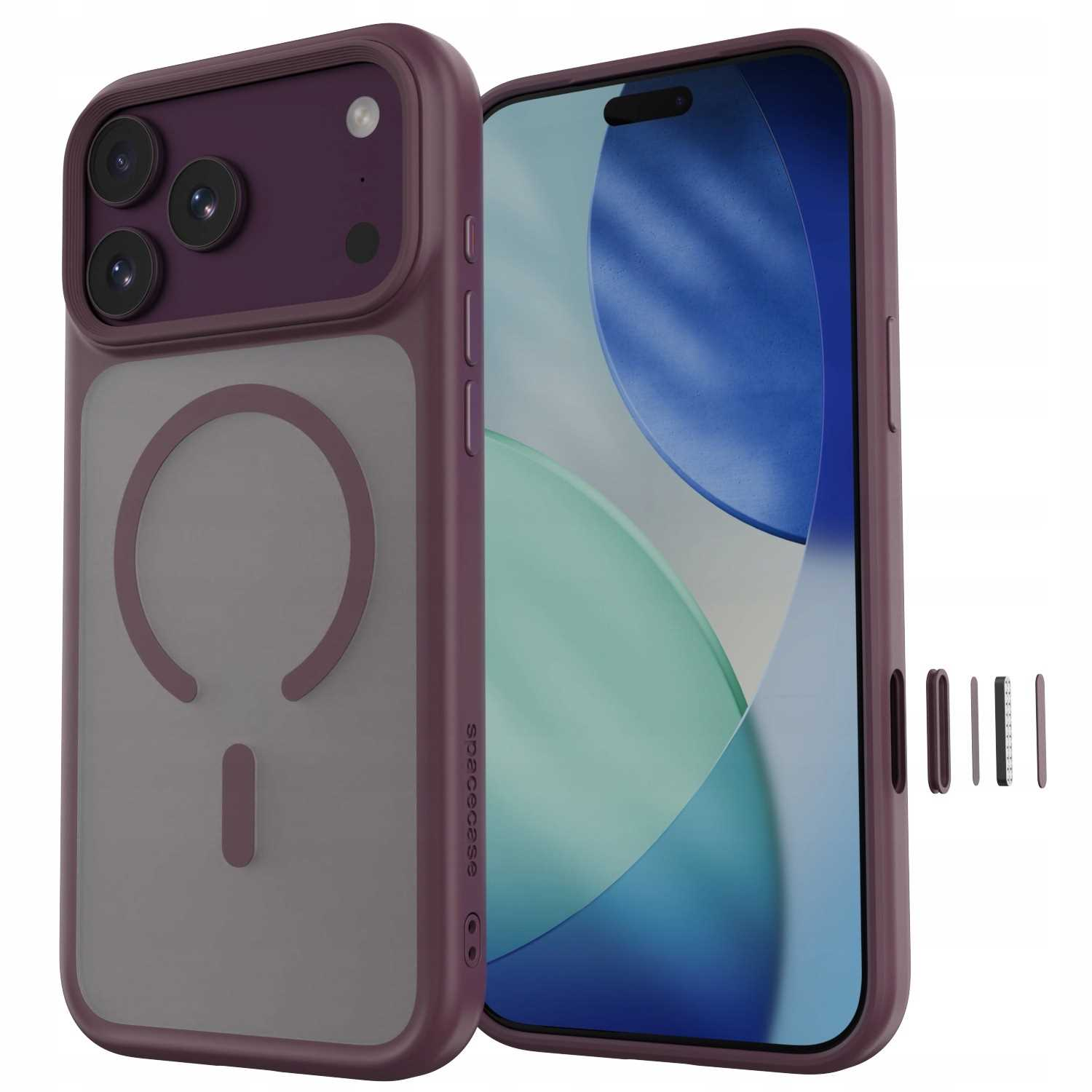 Fioletowy smartfon w etui ochronnym, z pierścieniem MagSafe i ekranem na białym tle.