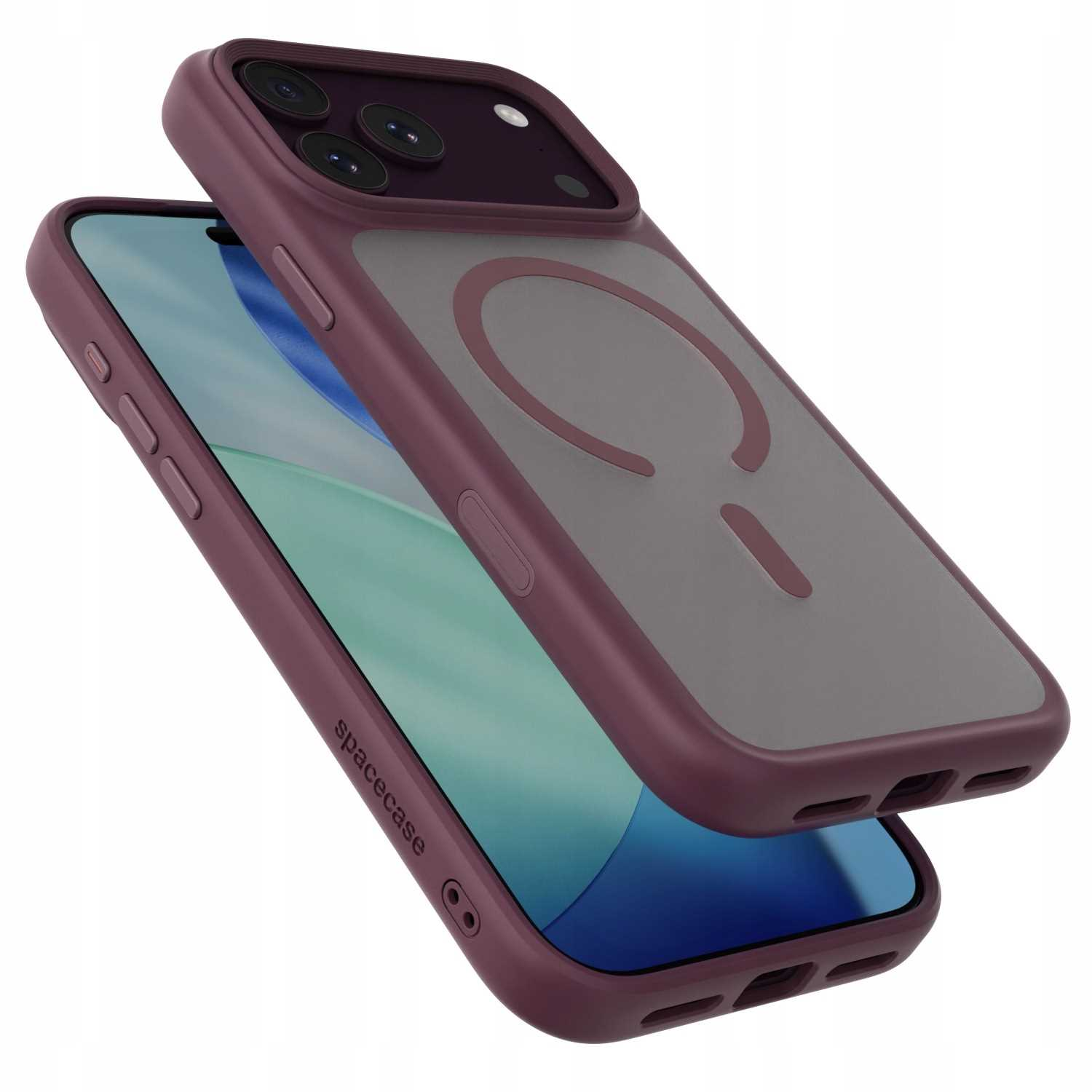 Dwa fioletowe etui na smartfon, jedno z pierscieniem MagSafe i wycięciem na aparat, na białym tle.