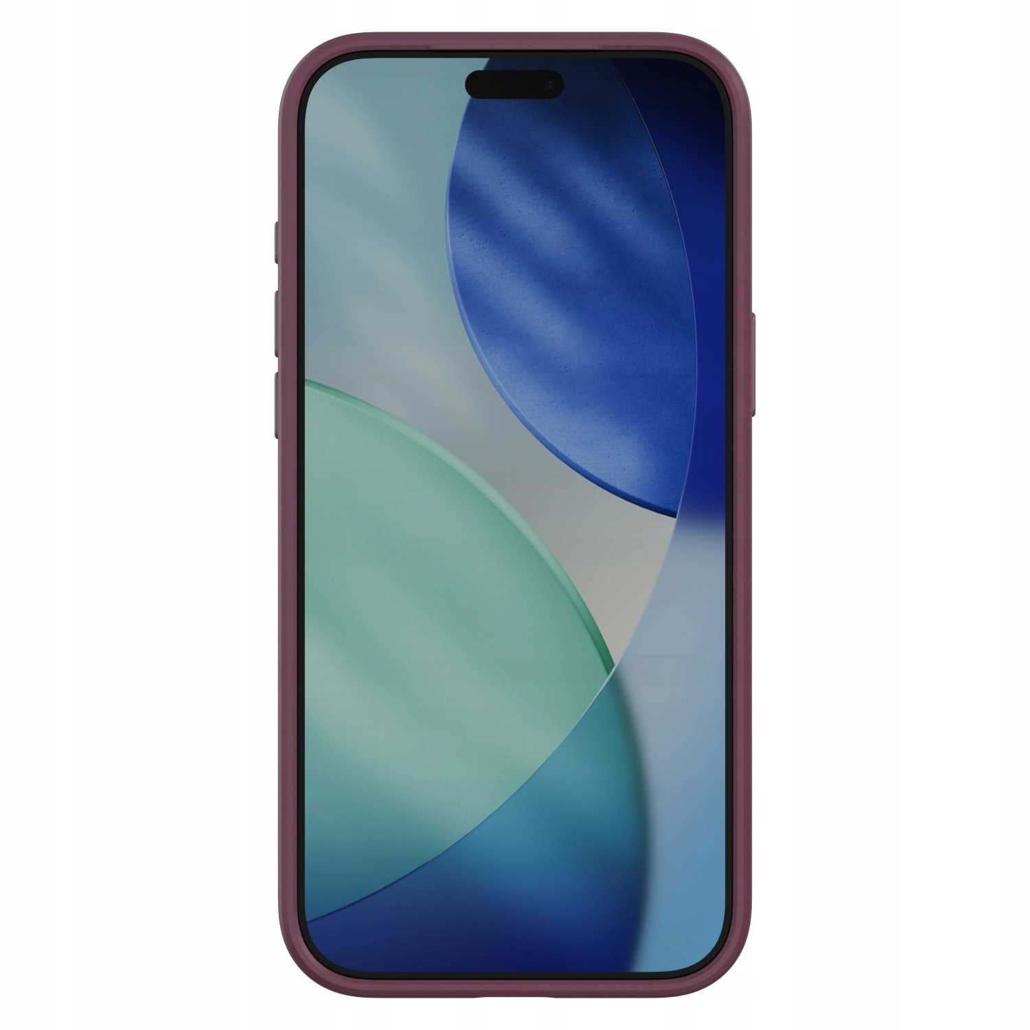 Smartfon w fioletowym etui wyświetla abstrakcyjną niebiesko-zieloną tapetę.
