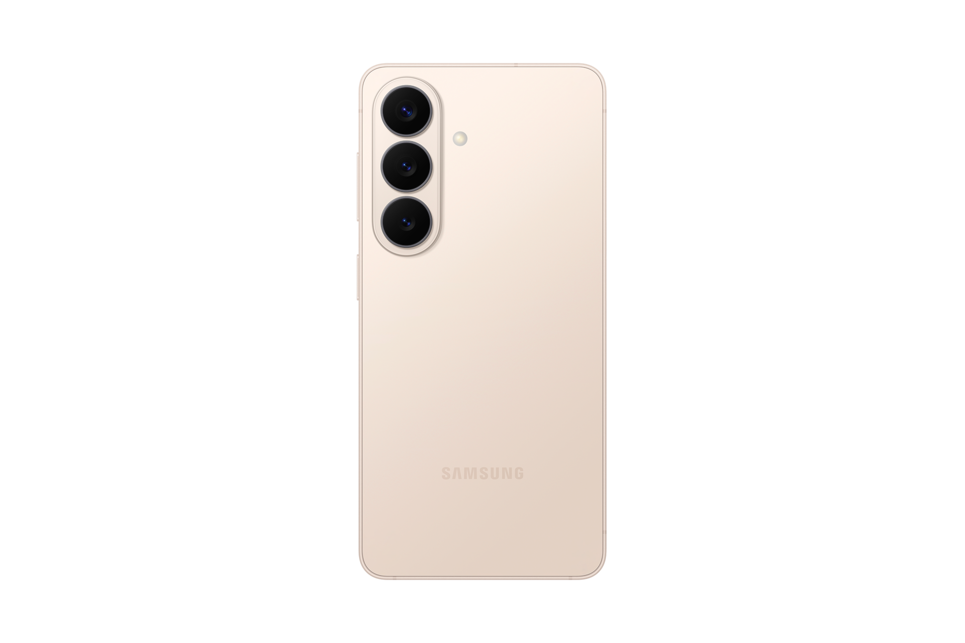 Rückseite eines beigen Smartphones mit drei vertikalen Kameralinsen und dem Samsung-Logo auf schwarzem Hintergrund.