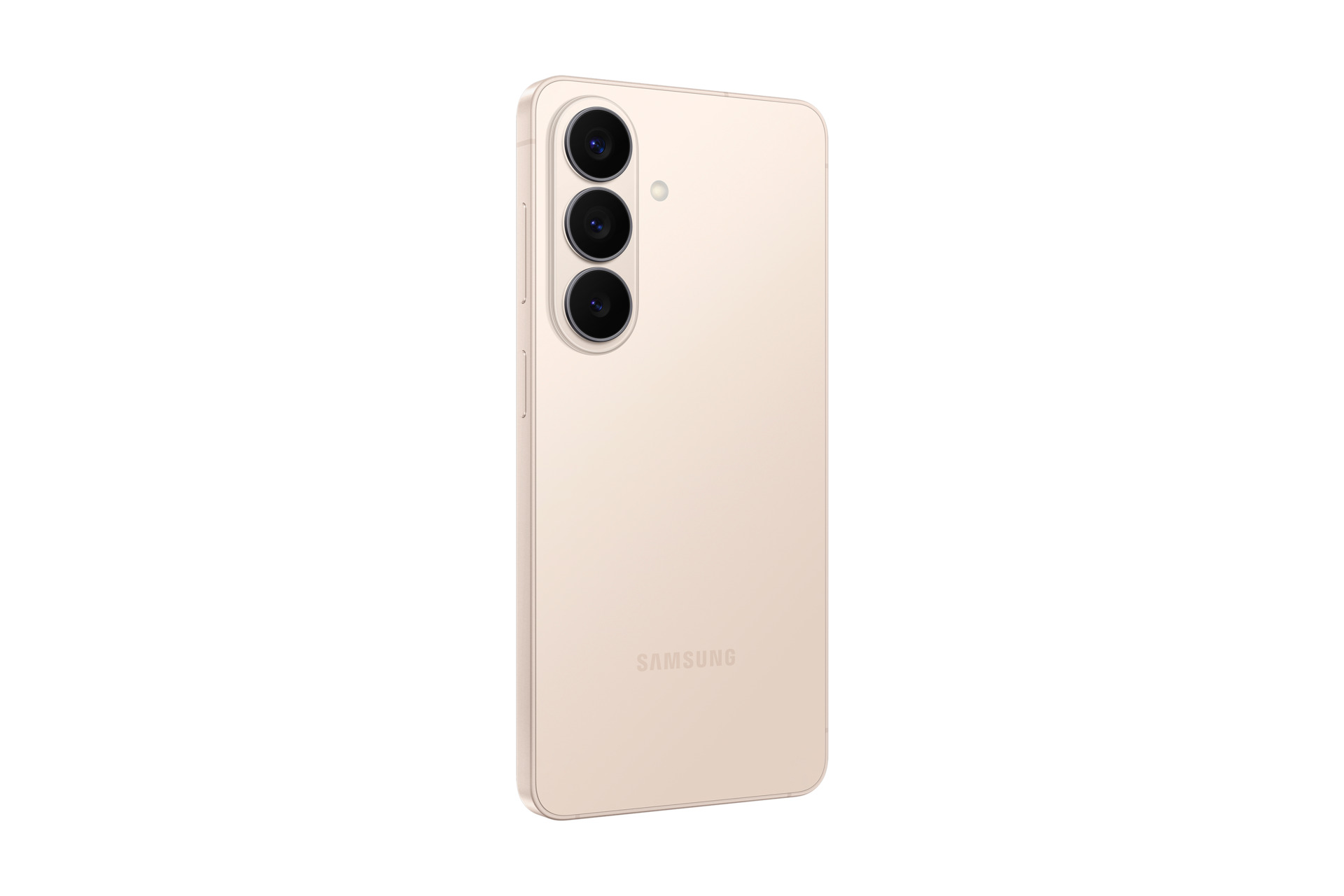 Rückseite eines beigen Samsung-Smartphones mit drei vertikalen Kameras vor schwarzem Hintergrund.