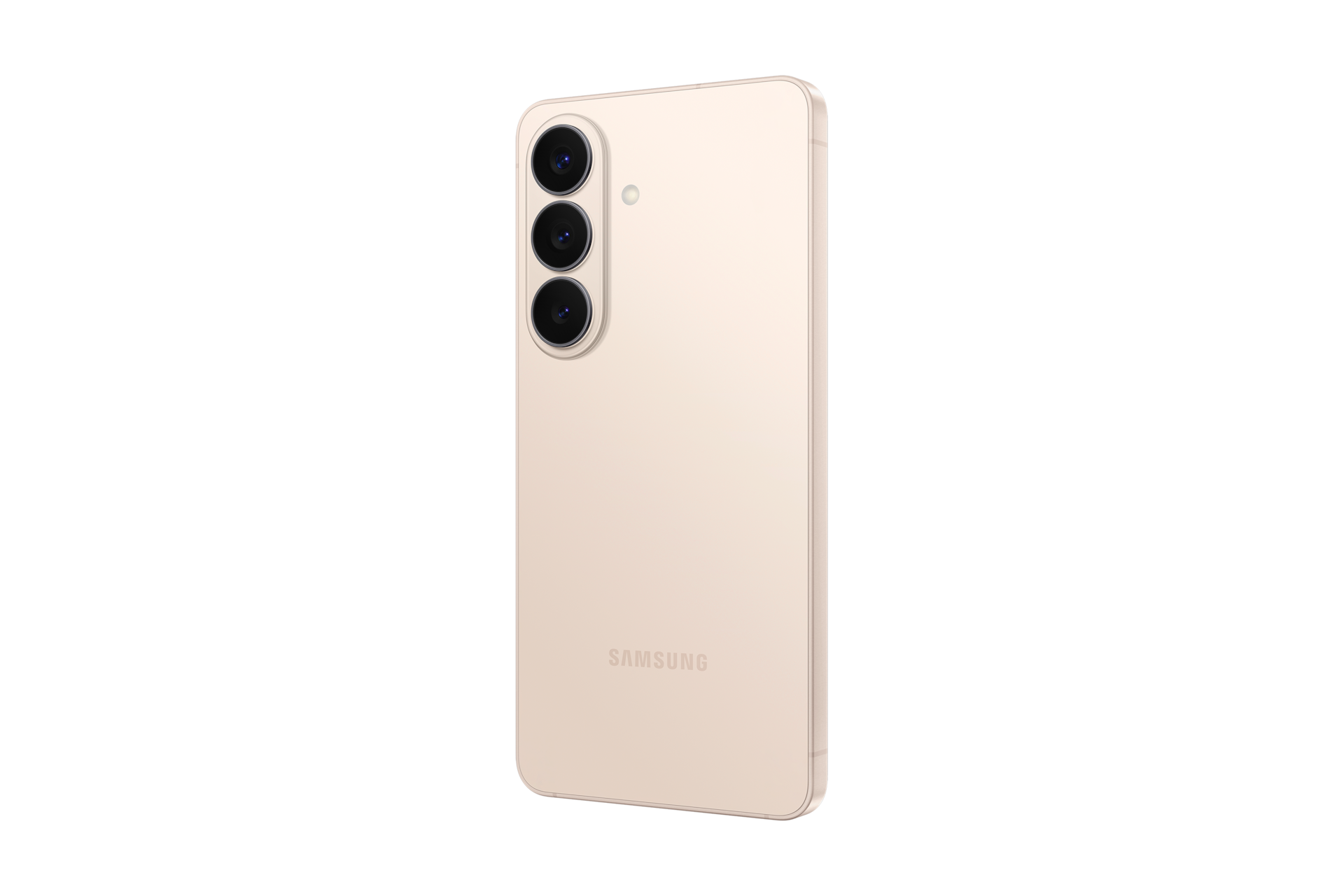 Beigefarbenes Samsung Smartphone von hinten, mit drei vertikal angeordneten Kameramodulen auf schwarzem Hintergrund.