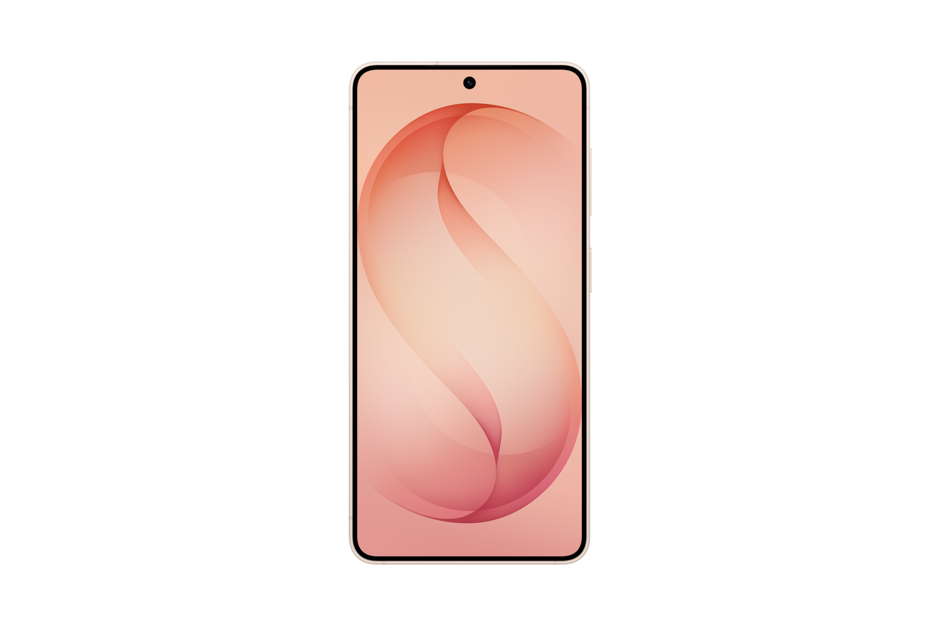 Ein Smartphone auf schwarzem Hintergrund mit einem rosafarbenen Bildschirm und einer abstrakten roten S-Kurve.