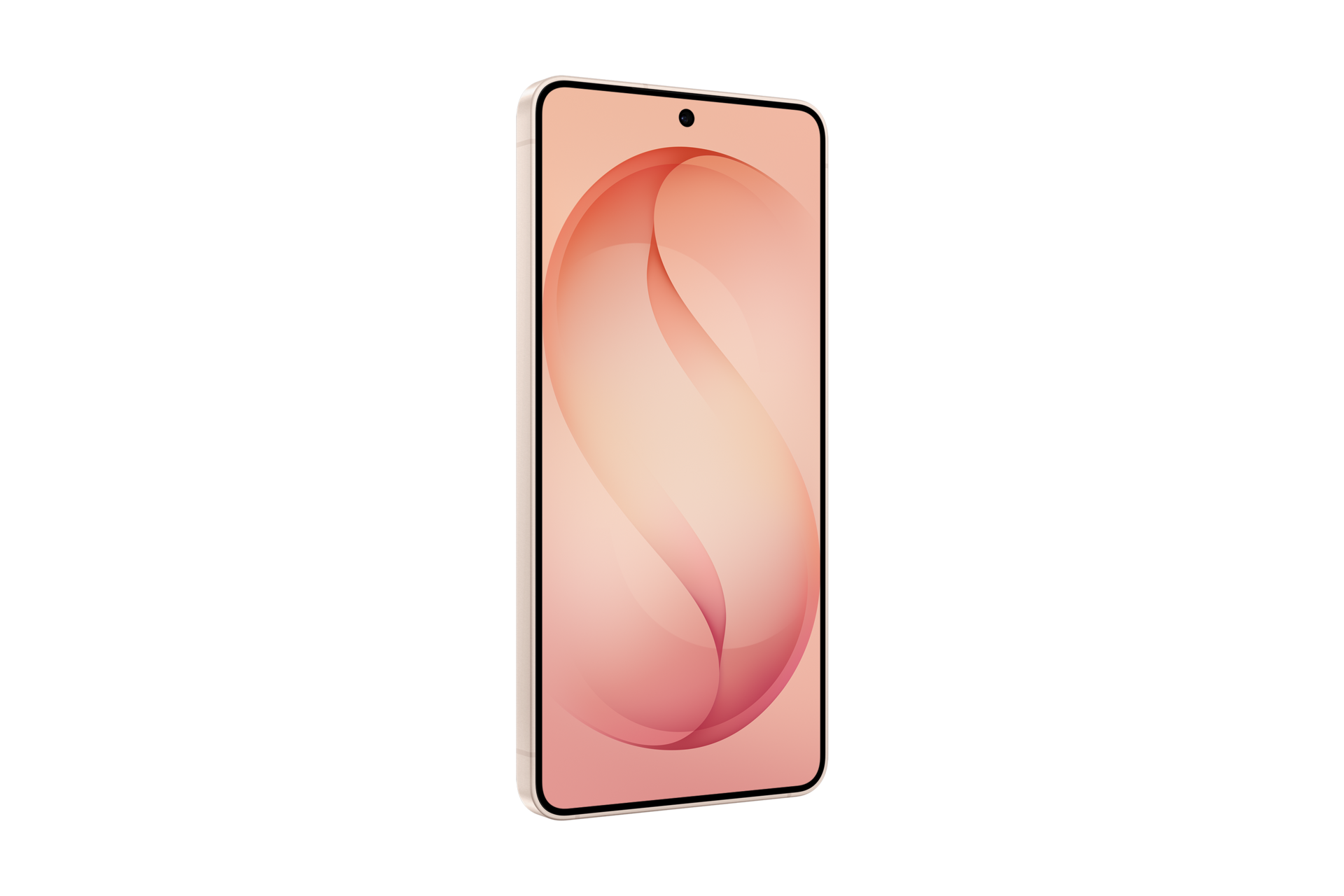 Ein Smartphone mit blassrosa Gehäuse zeigt ein abstraktes, korallenfarbenes S-förmiges Design vor schwarzem Hintergrund.