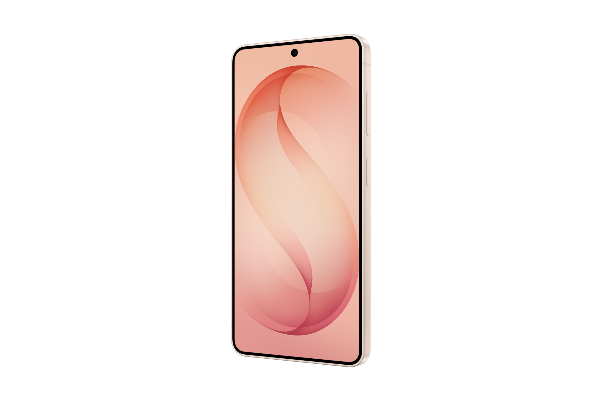 Ein Smartphone mit rosafarbenem Gehäuse und einem abstrakten, wellenförmigen Hintergrundbild auf dem Bildschirm.