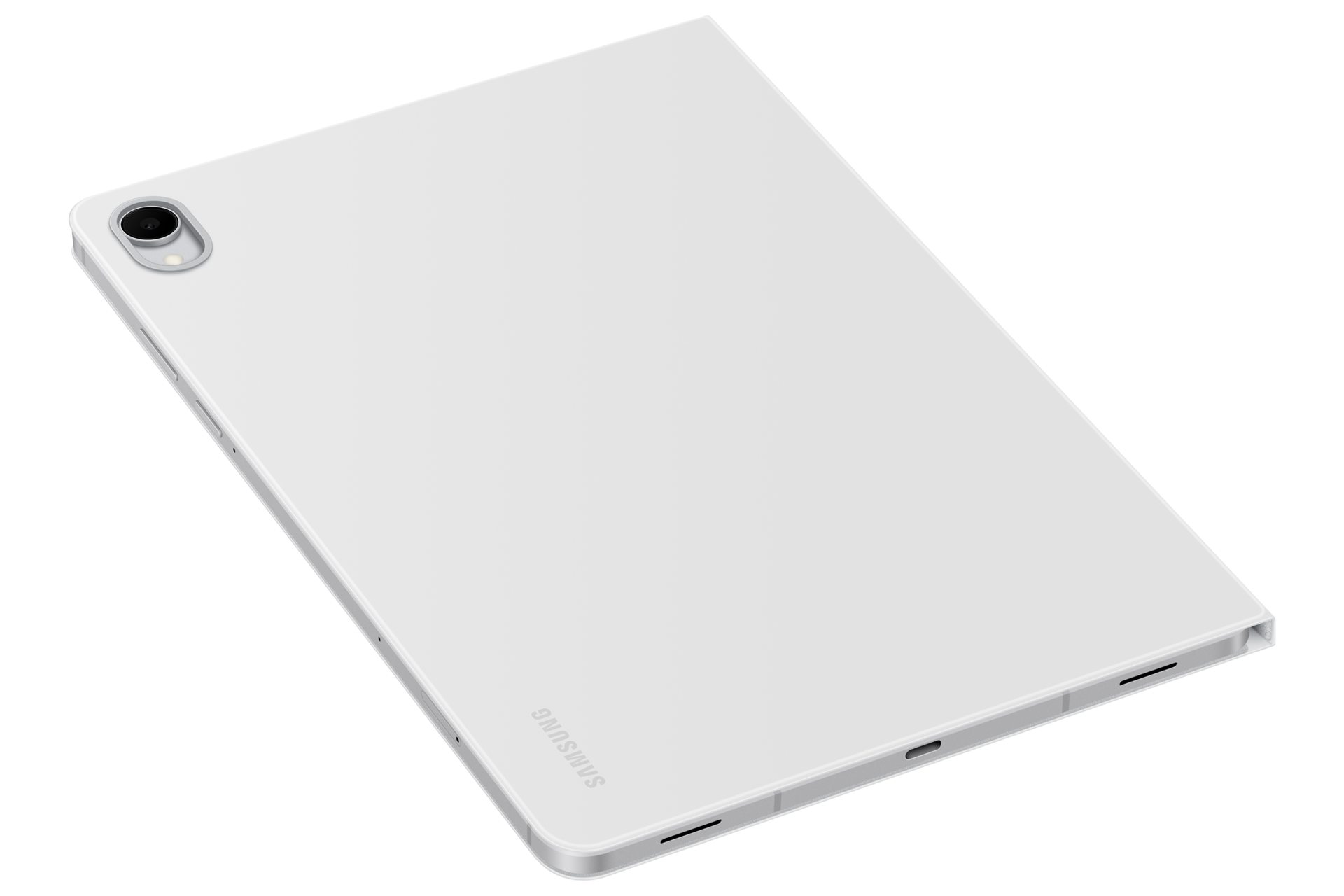 Un tablet Samsung bianco su sfondo nero, vista del retro con fotocamera e logo.