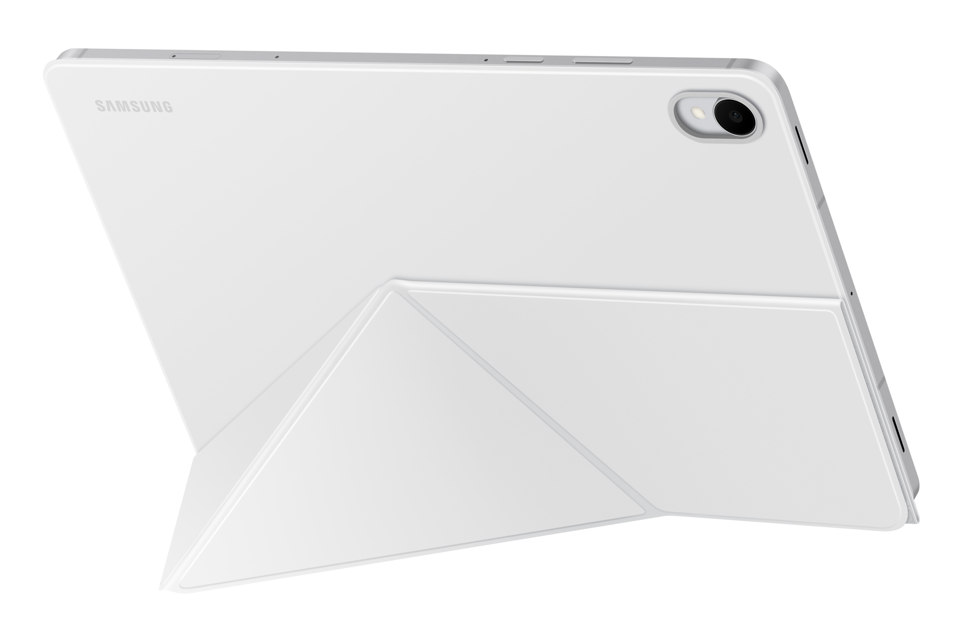 Un tablet Samsung bianco con fotocamera posteriore, supportato da un supporto triangolare bianco su sfondo nero.