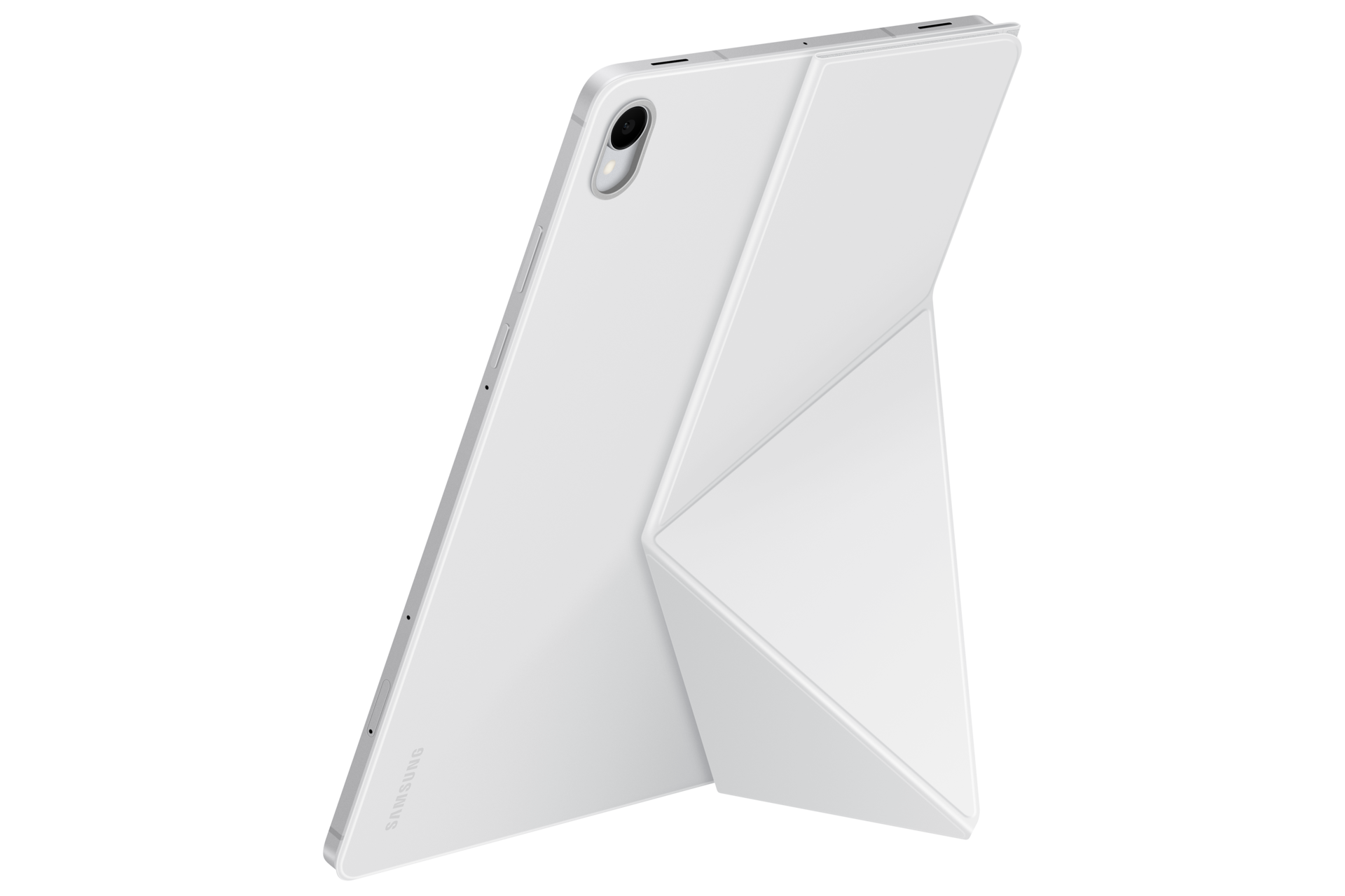Tablet bianco in custodia protettiva, appoggiato su sfondo nero.