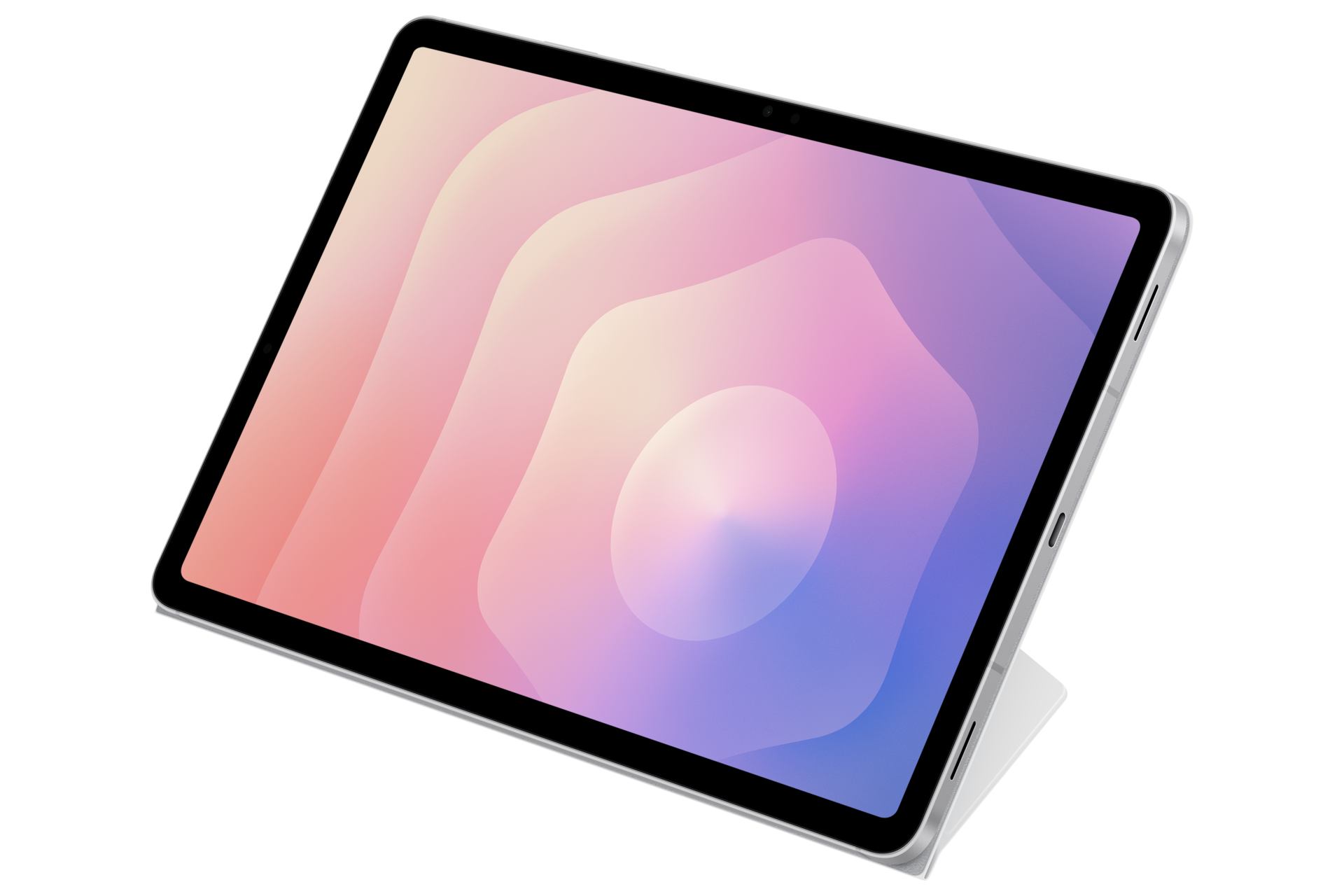 Un tablet con sfondo rosa e blu su un supporto su sfondo nero.