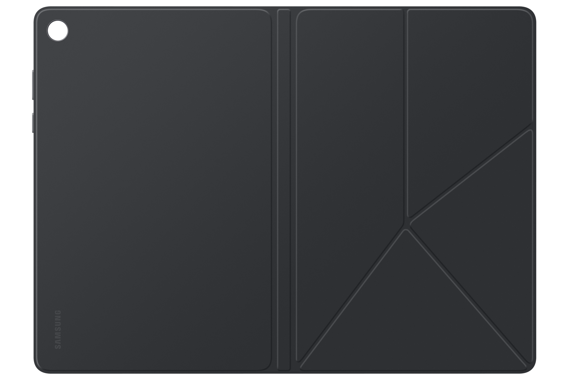 Una custodia nera per tablet Samsung con apertura per fotocamera e linee di piegatura.