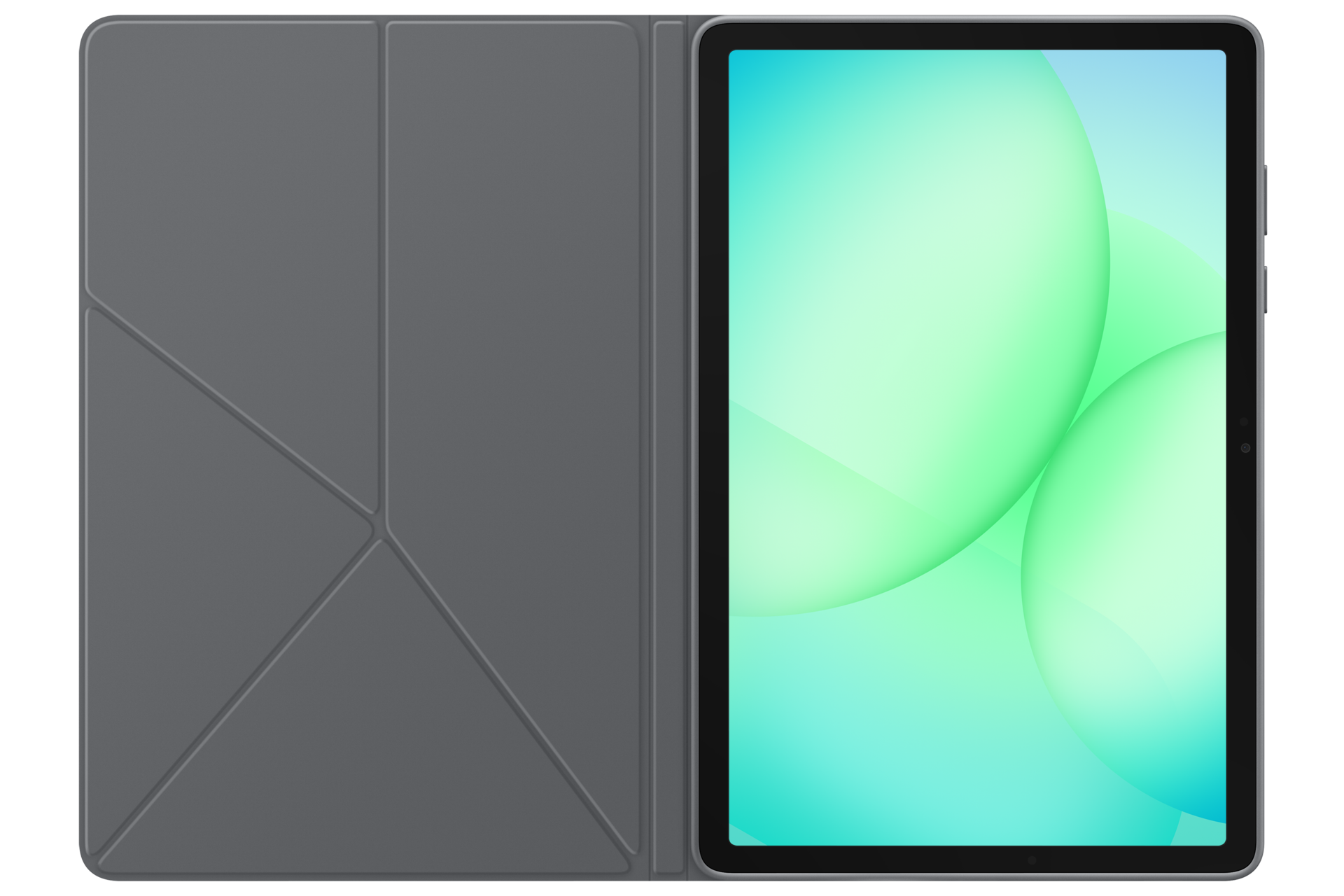 Un tablet grigio con custodia protettiva e sfondo astratto verde-blu sullo schermo.