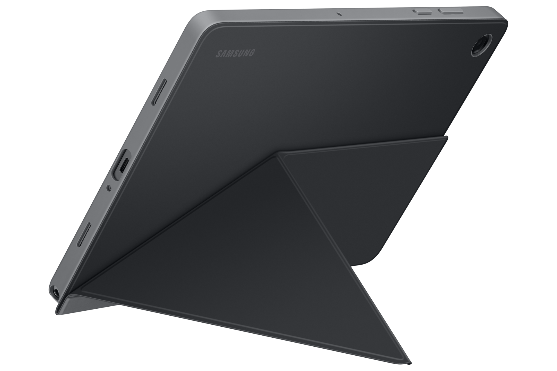 Un tablet Samsung grigio è posizionato su un supporto pieghevole su sfondo nero.