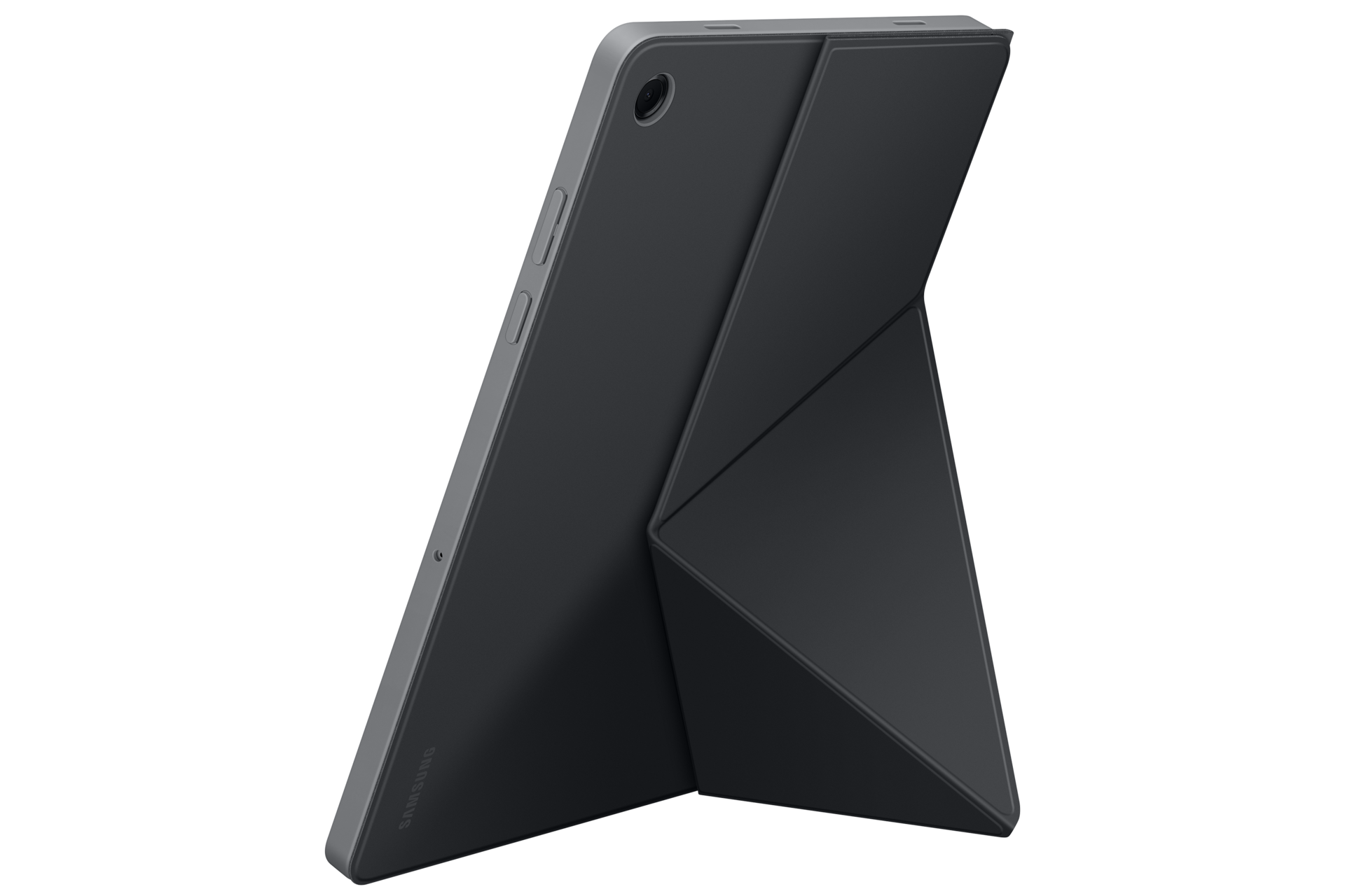 Un tablet Samsung grigio in piedi con una custodia protettiva scura che fa da supporto, su sfondo nero.