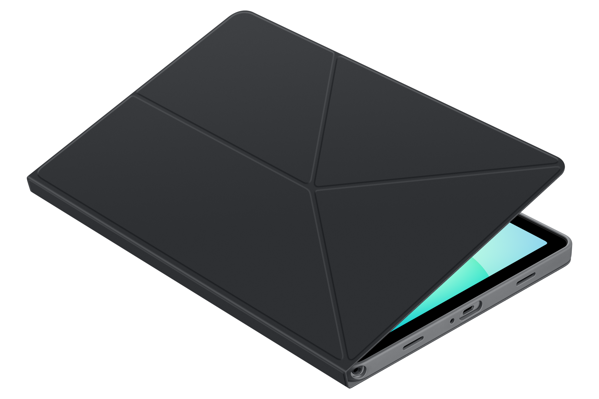 Un tablet grigio con una custodia protettiva nera piegata su sfondo nero.