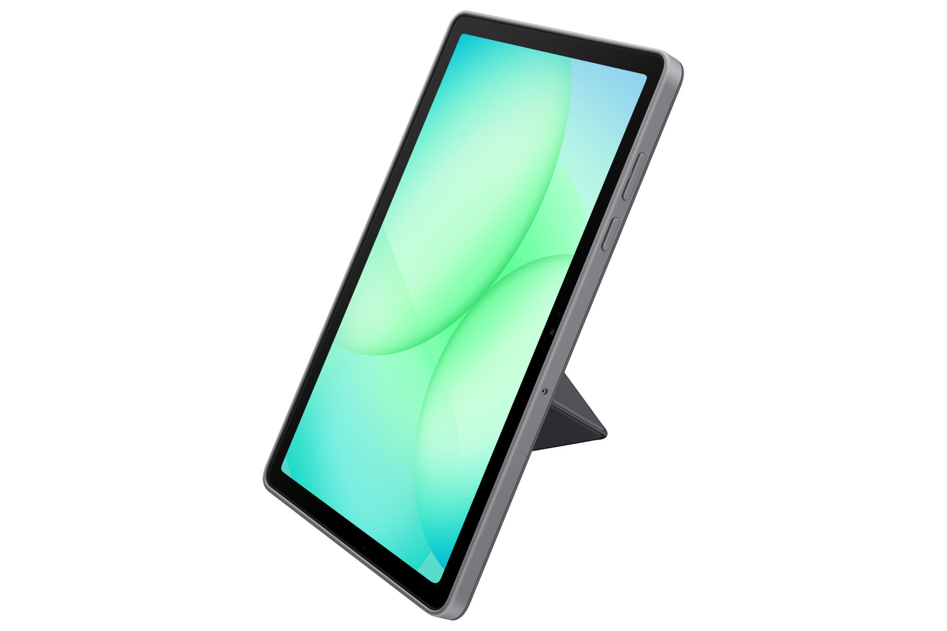 Un tablet grigio con uno sfondo astratto verde e blu è leggermente inclinato su un supporto su sfondo nero.