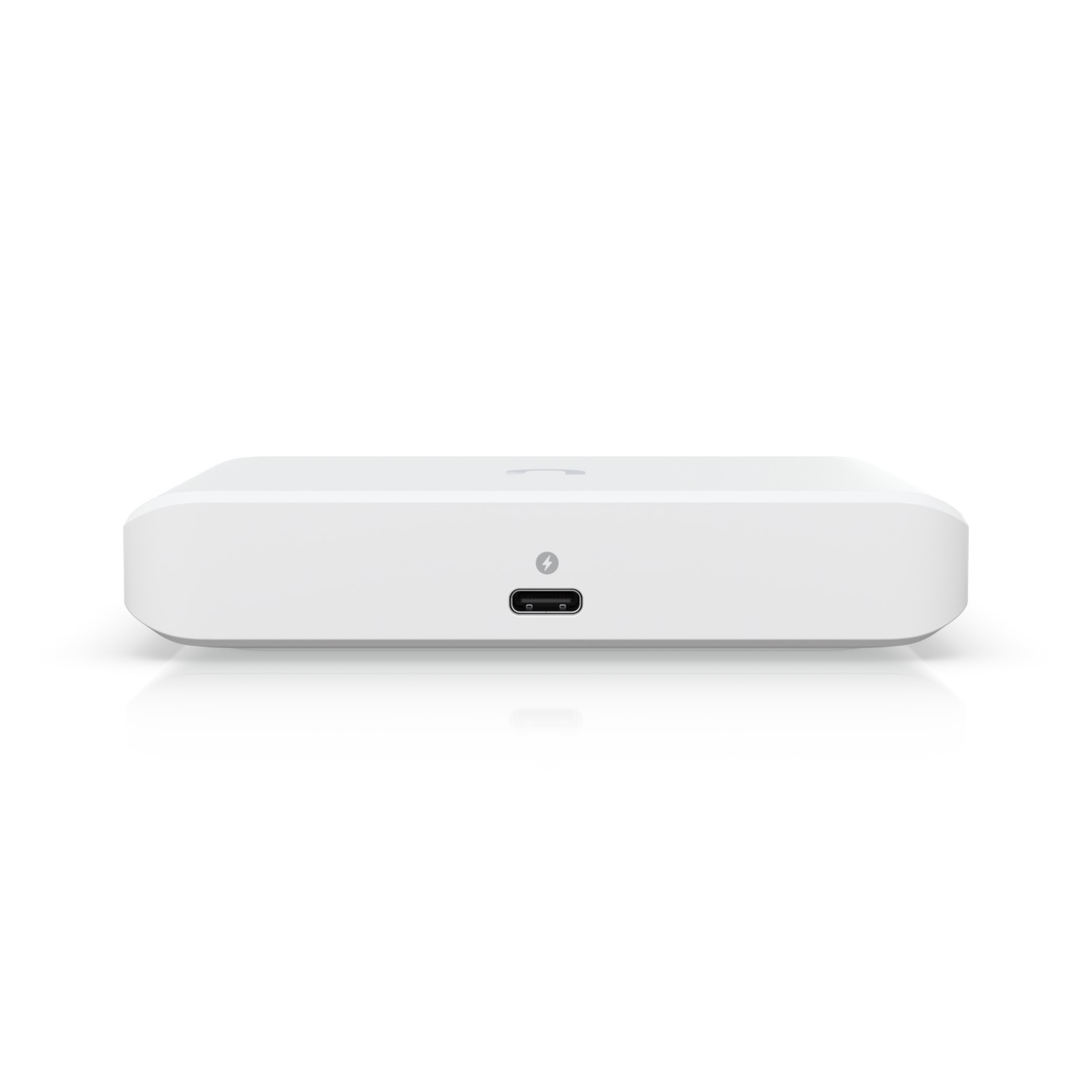 Un dispositivo electrónico rectangular blanco con un puerto USB-C y un icono de rayo en el frente sobre un fondo blanco.