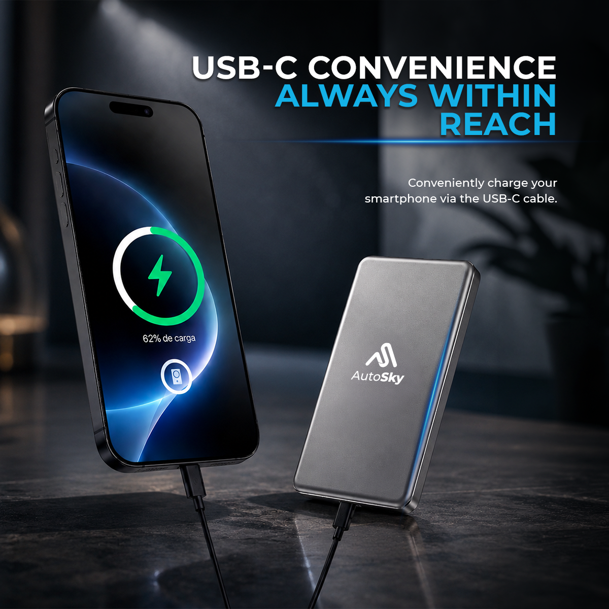 Uno smartphone e un power bank grigio AutoSky su un tavolo, entrambi collegati tramite cavi USB.