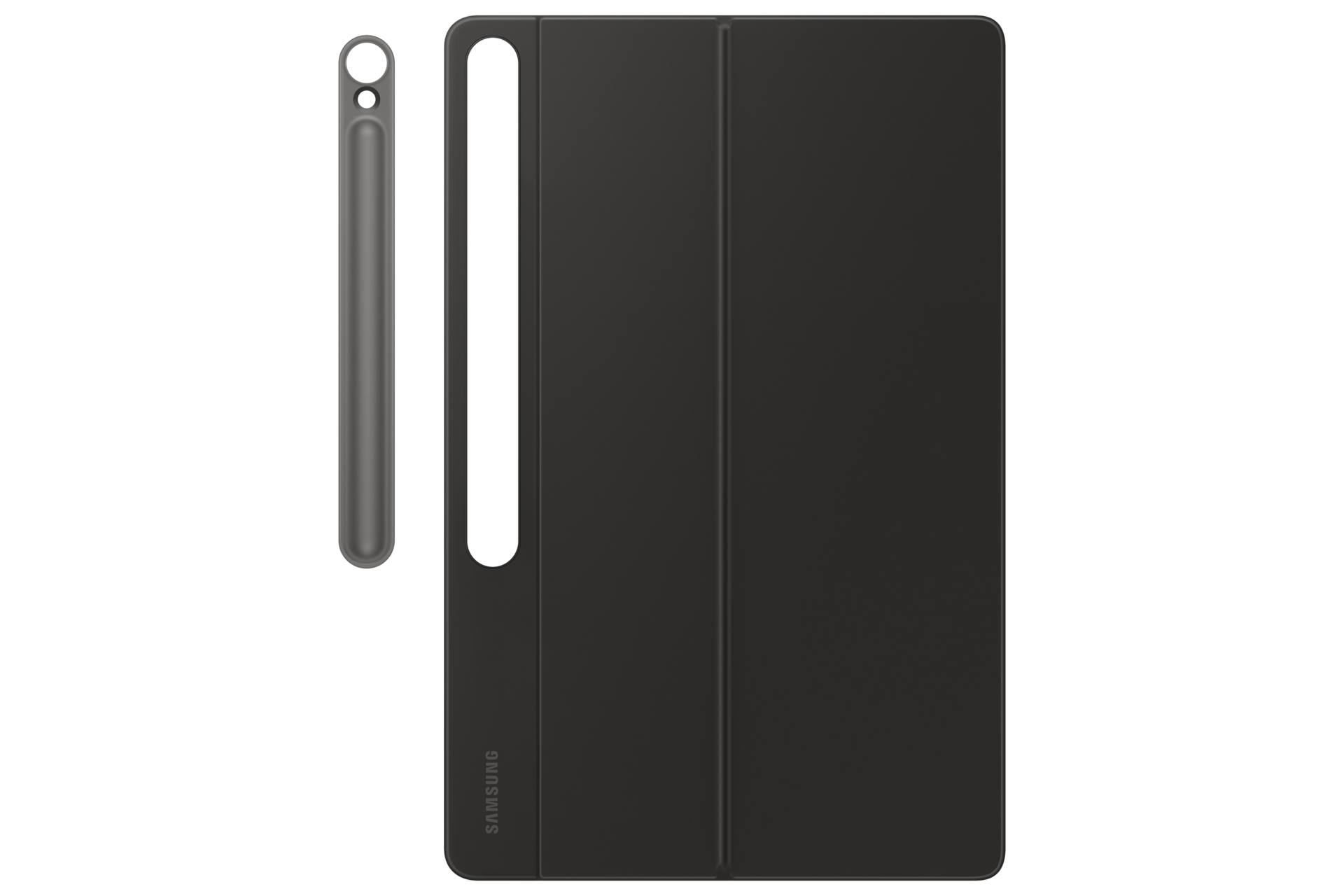 Una custodia nera per tablet con portapenna integrato e una penna separata su sfondo nero.