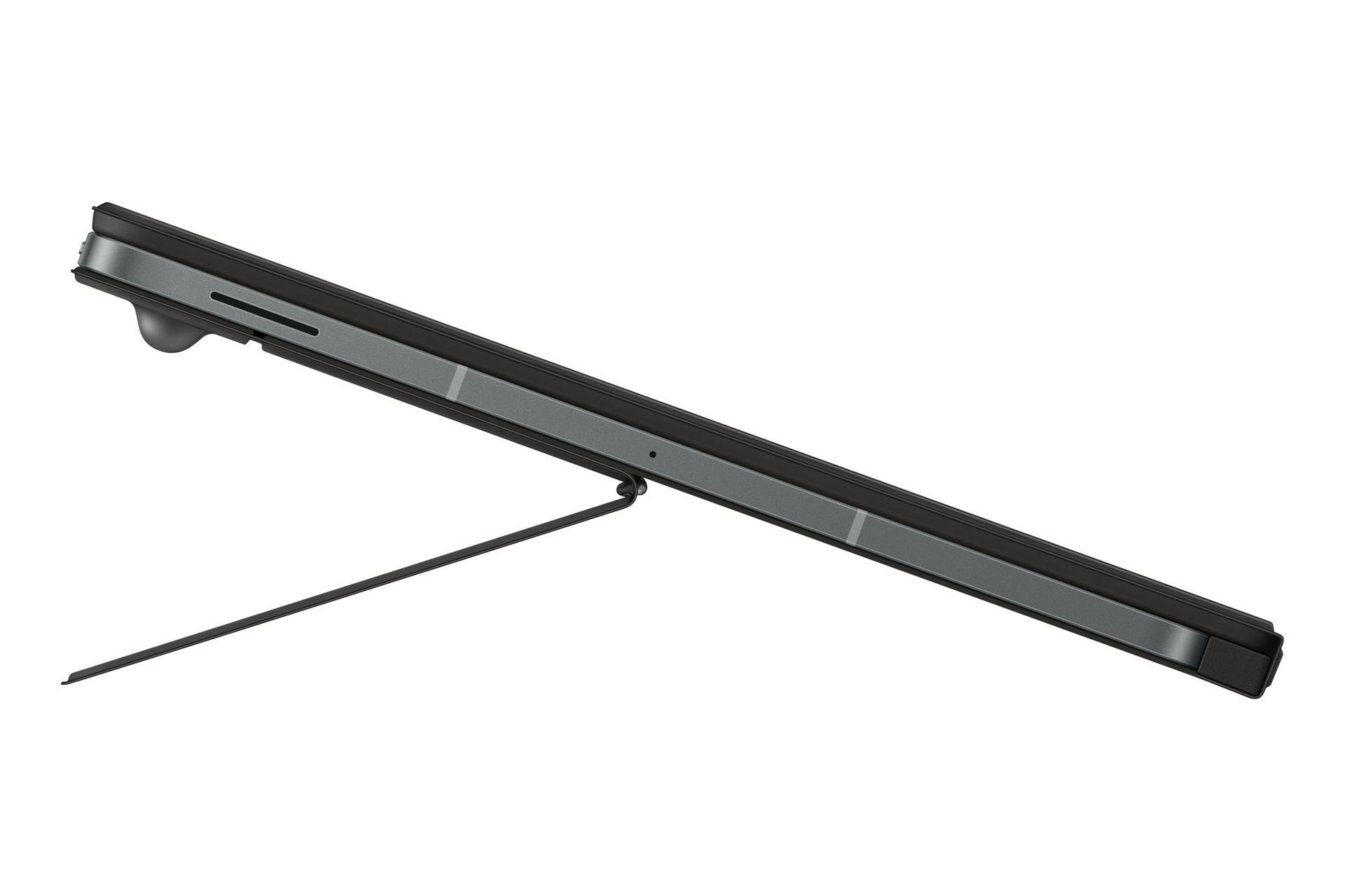 Vista laterale di un tablet scuro in una custodia con supporto integrato su sfondo nero.
