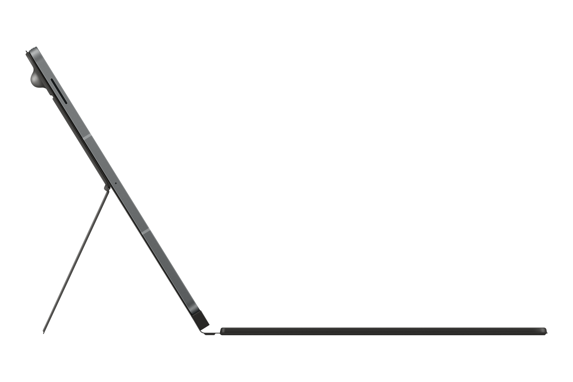 Vista laterale di un tablet grigio su supporto con tastiera collegata su sfondo nero.