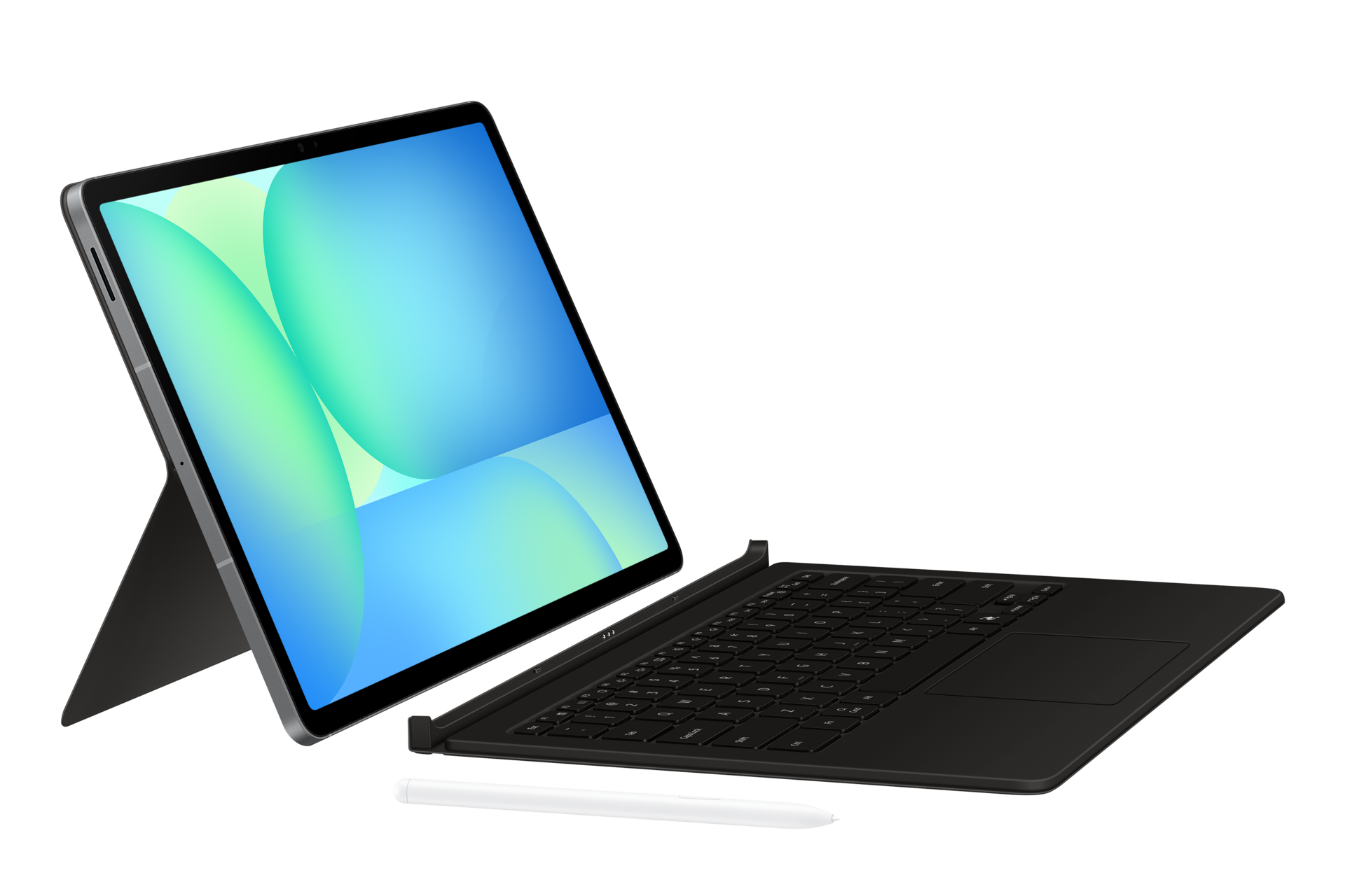 Un tablet grigio con schermo colorato su tastiera nera, con una penna bianca davanti su sfondo nero.