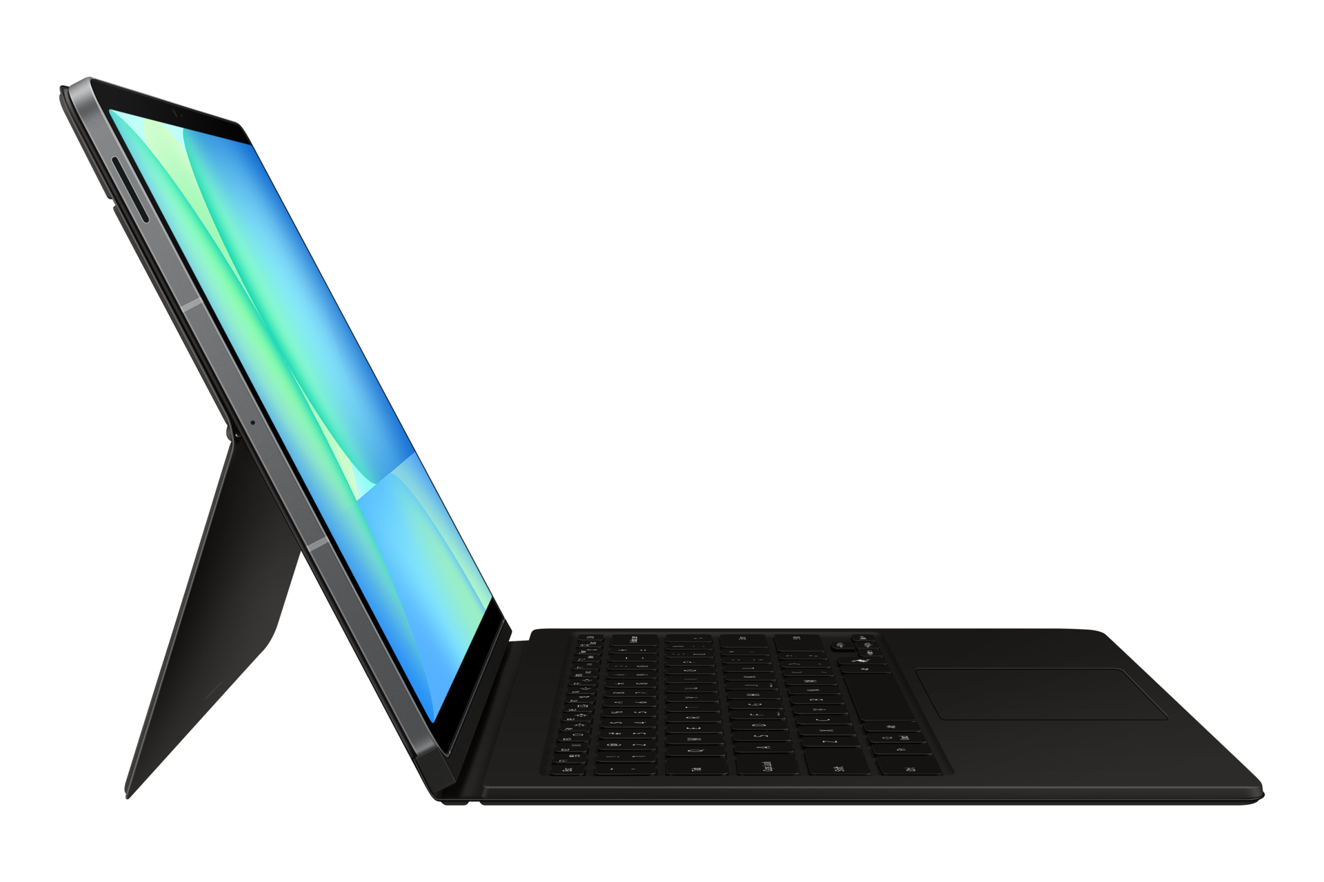 Un tablet nero con schermo blu e verde collegato a una tastiera, visto di lato su sfondo nero.