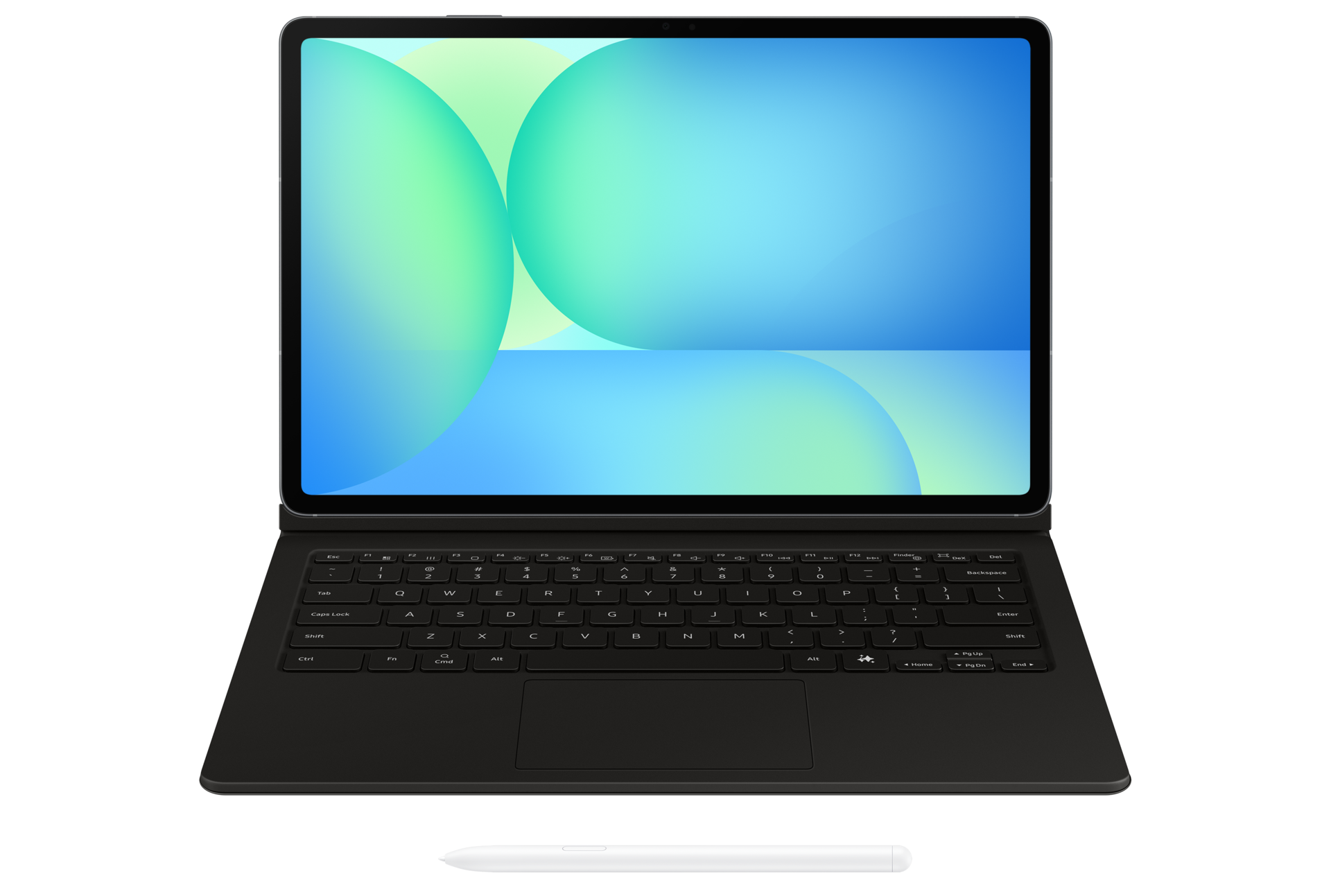 Un tablet nero con tastiera e schermo blu-verde, con una penna bianca davanti.