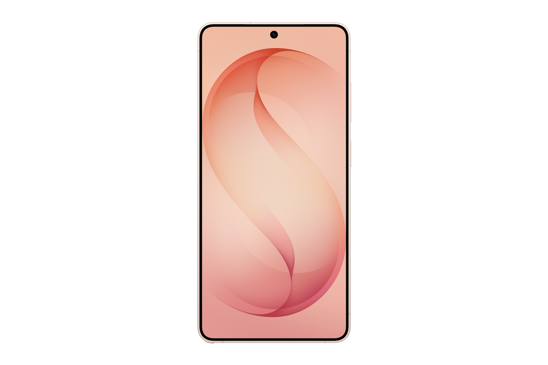 Uno smartphone che mostra uno sfondo con onde astratte color pesca e rosa su sfondo nero.