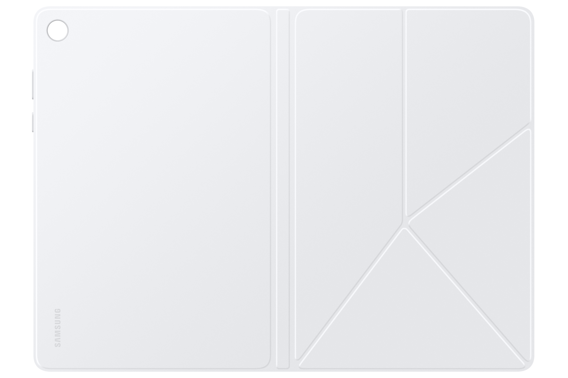 Una funda blanca para tablet Samsung con abertura para cámara y diseño plegable sobre fondo negro.