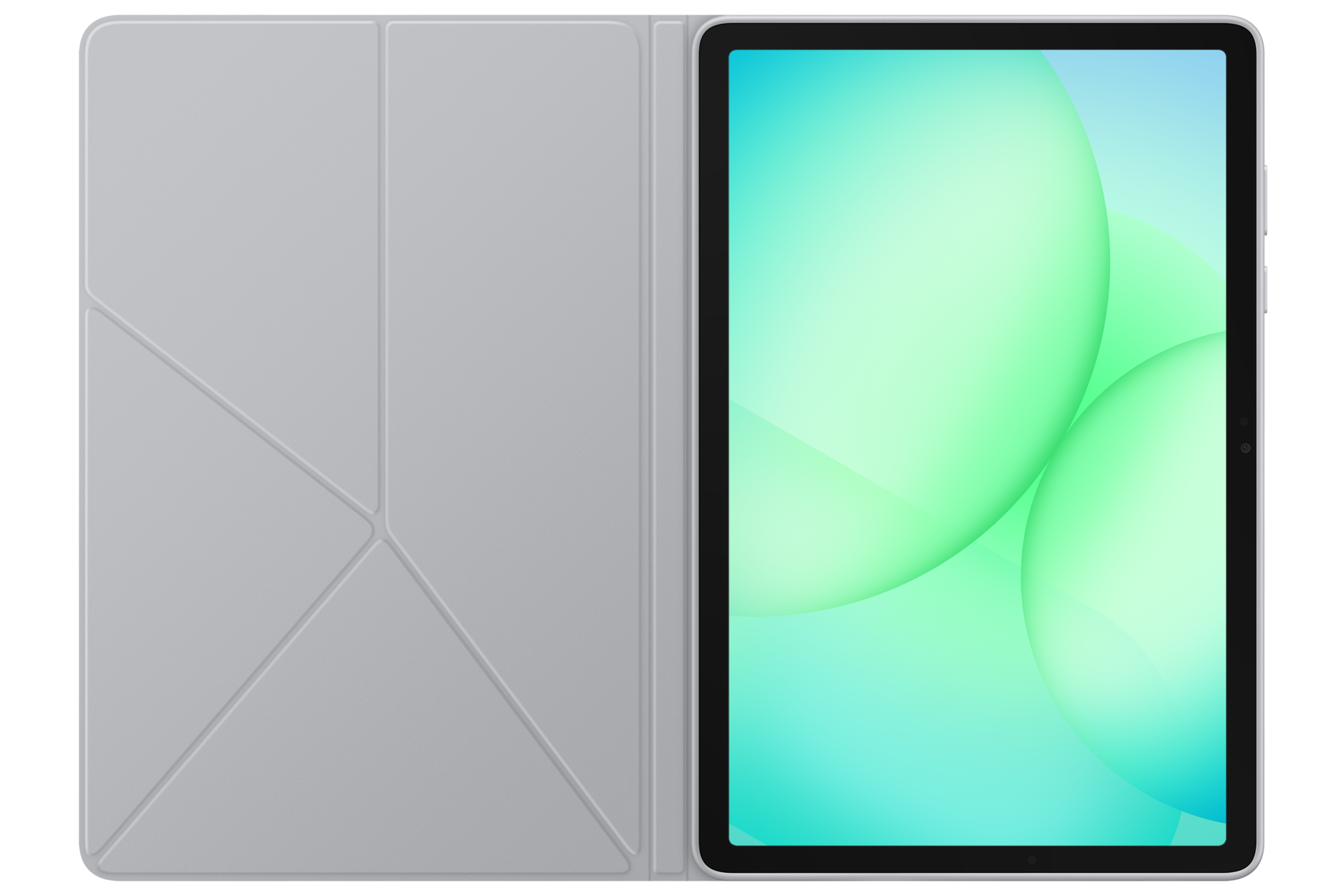 Una tableta gris con funda protectora y un fondo de pantalla verde y azul en su pantalla.