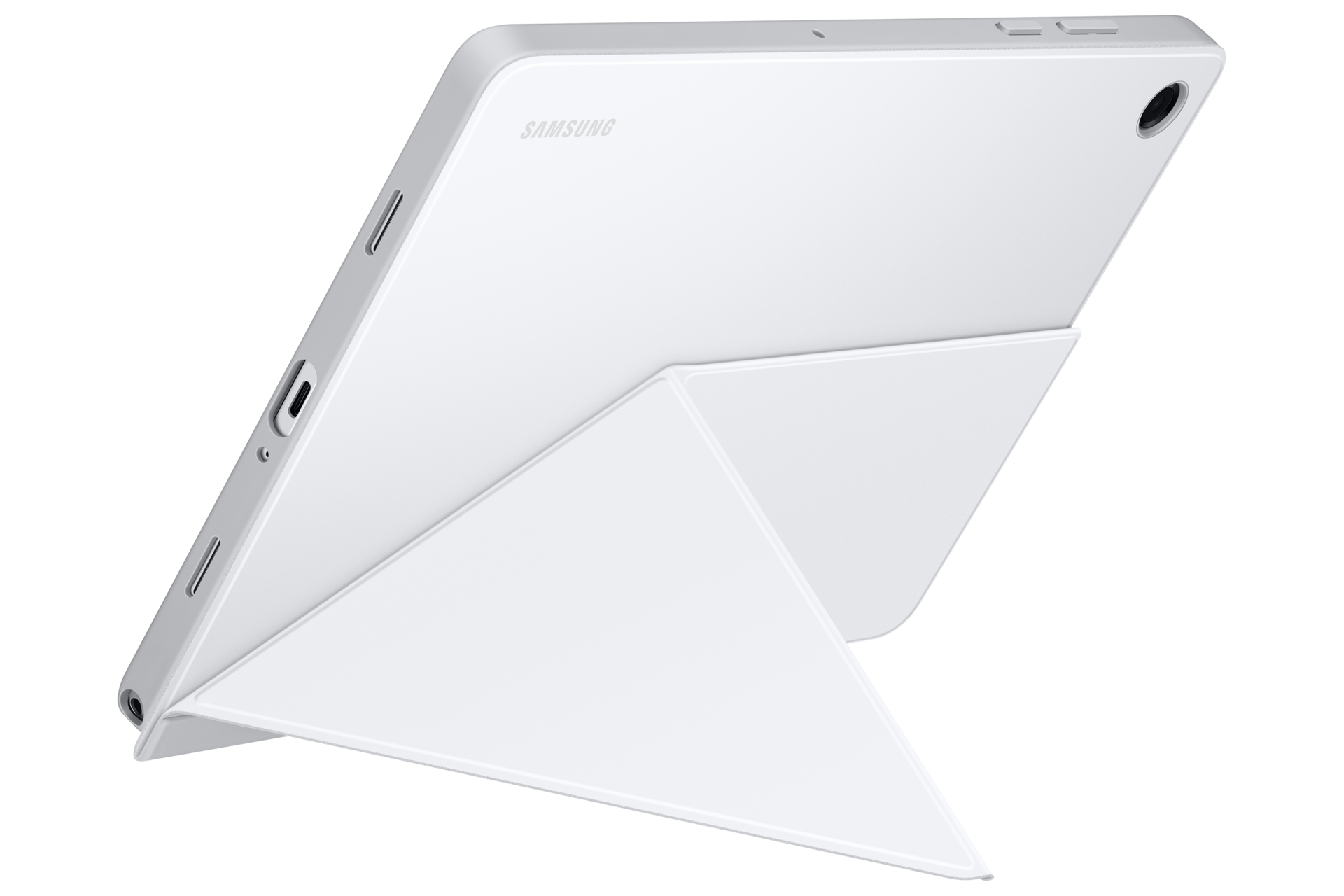 Una tableta blanca de Samsung apoyada en un soporte blanco sobre fondo negro.