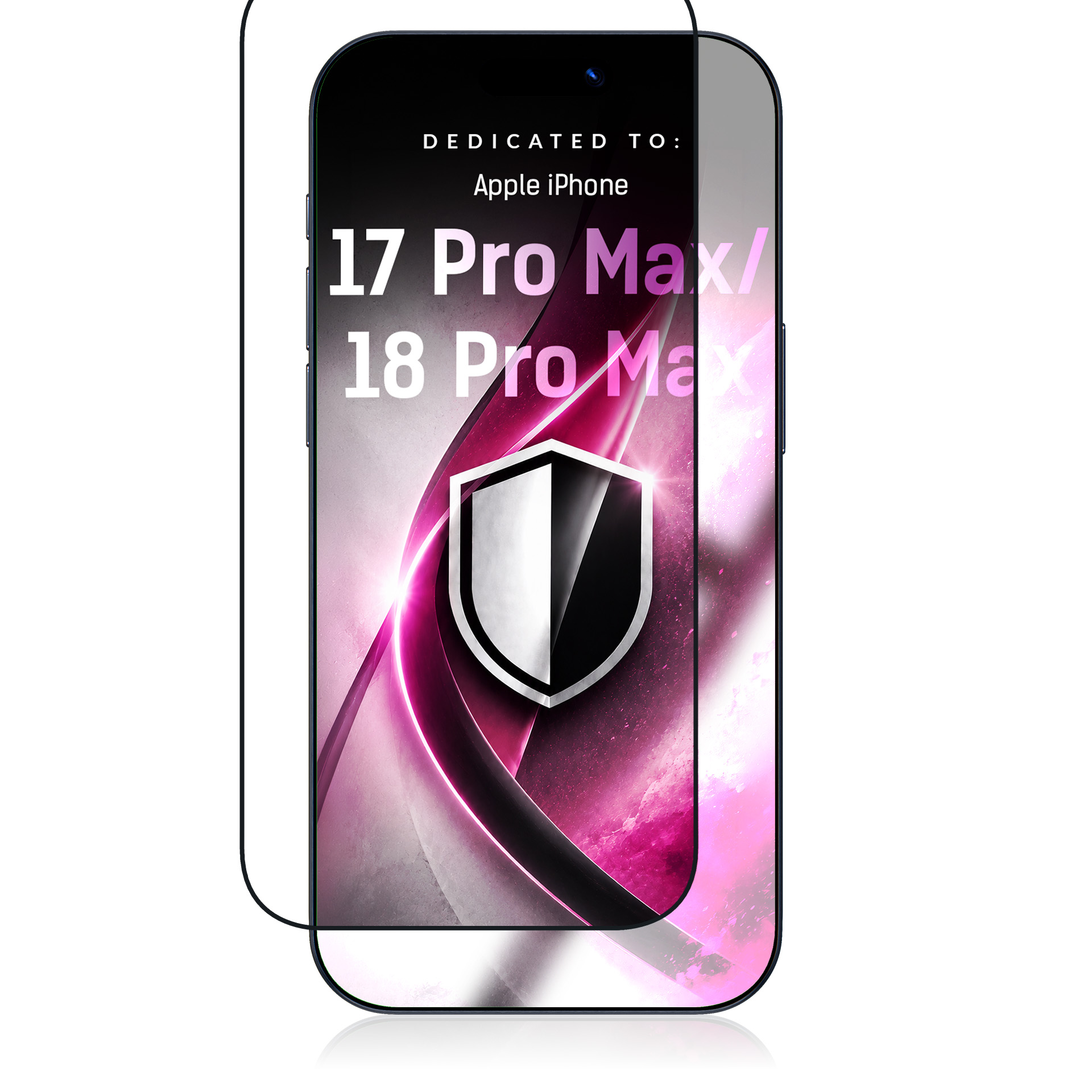 Smartfon ze szklaną folią ochronną i tekstem kompatybilności dla Apple iPhone 17 i 18 Pro Max.
