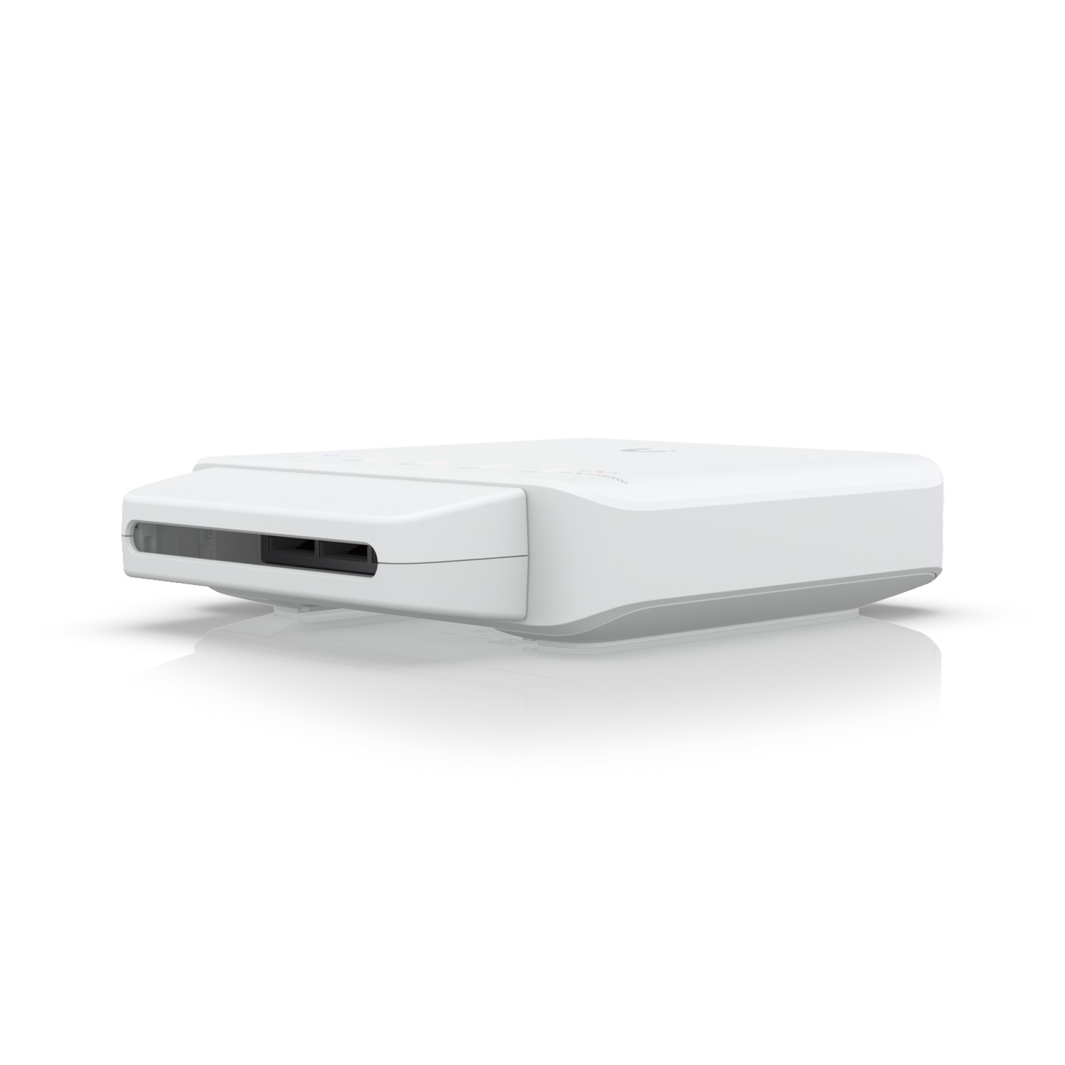 Un dispositivo electrónico blanco y elegante con ranura para lector de tarjetas sobre fondo blanco.