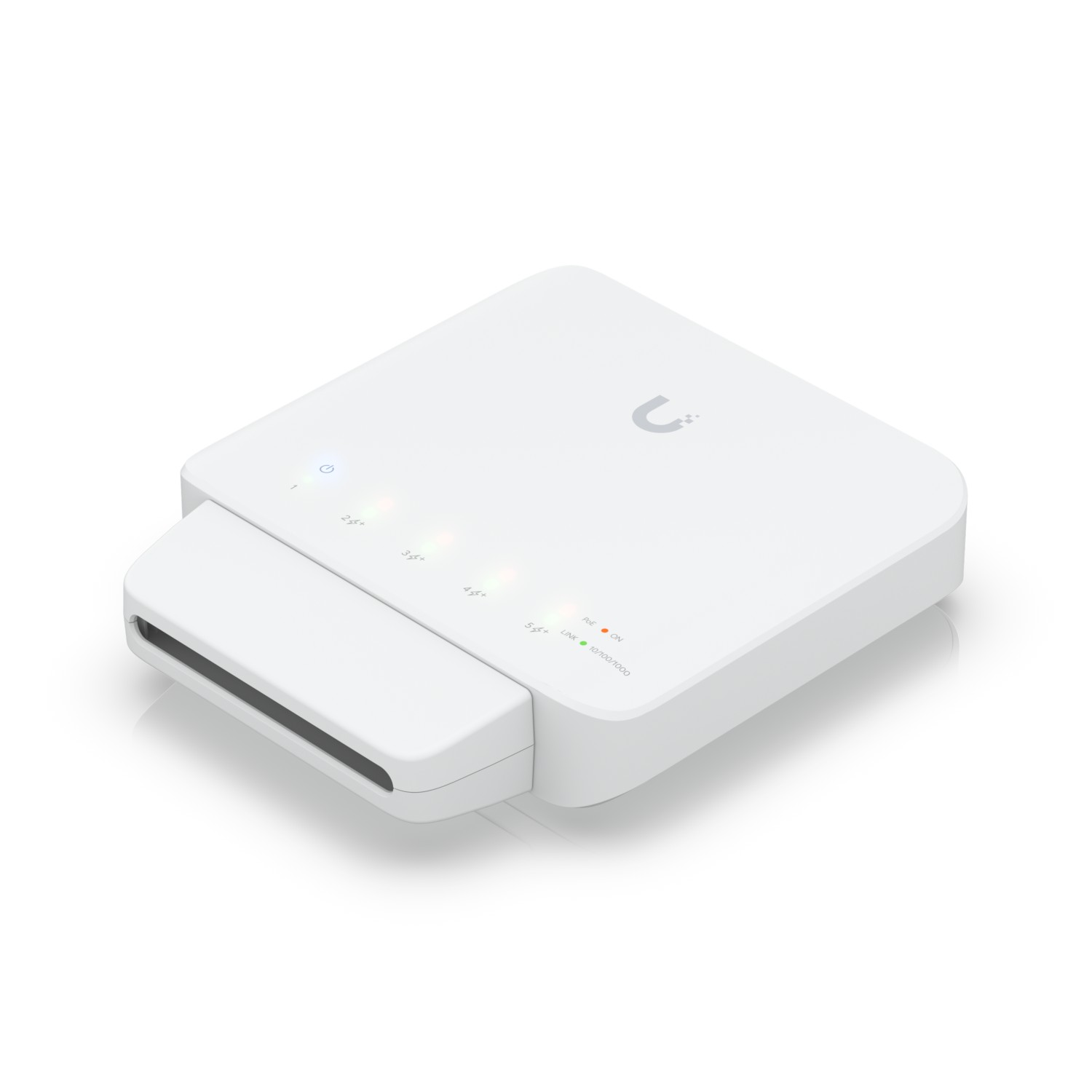 Un dispositivo Ubiquiti blanco con LED de estado y un lector de tarjetas adjunto sobre fondo blanco.