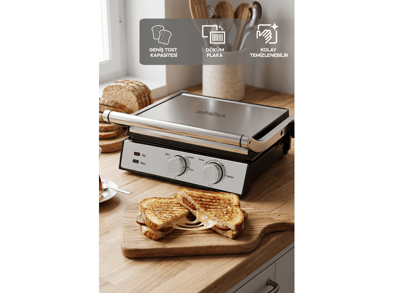 SINBO SSM-2598 2000 W Döküm Plakalı Ayarlanabilir Isı ve Zaman Kontrollü Tost ve Izgara Makinesi Gri