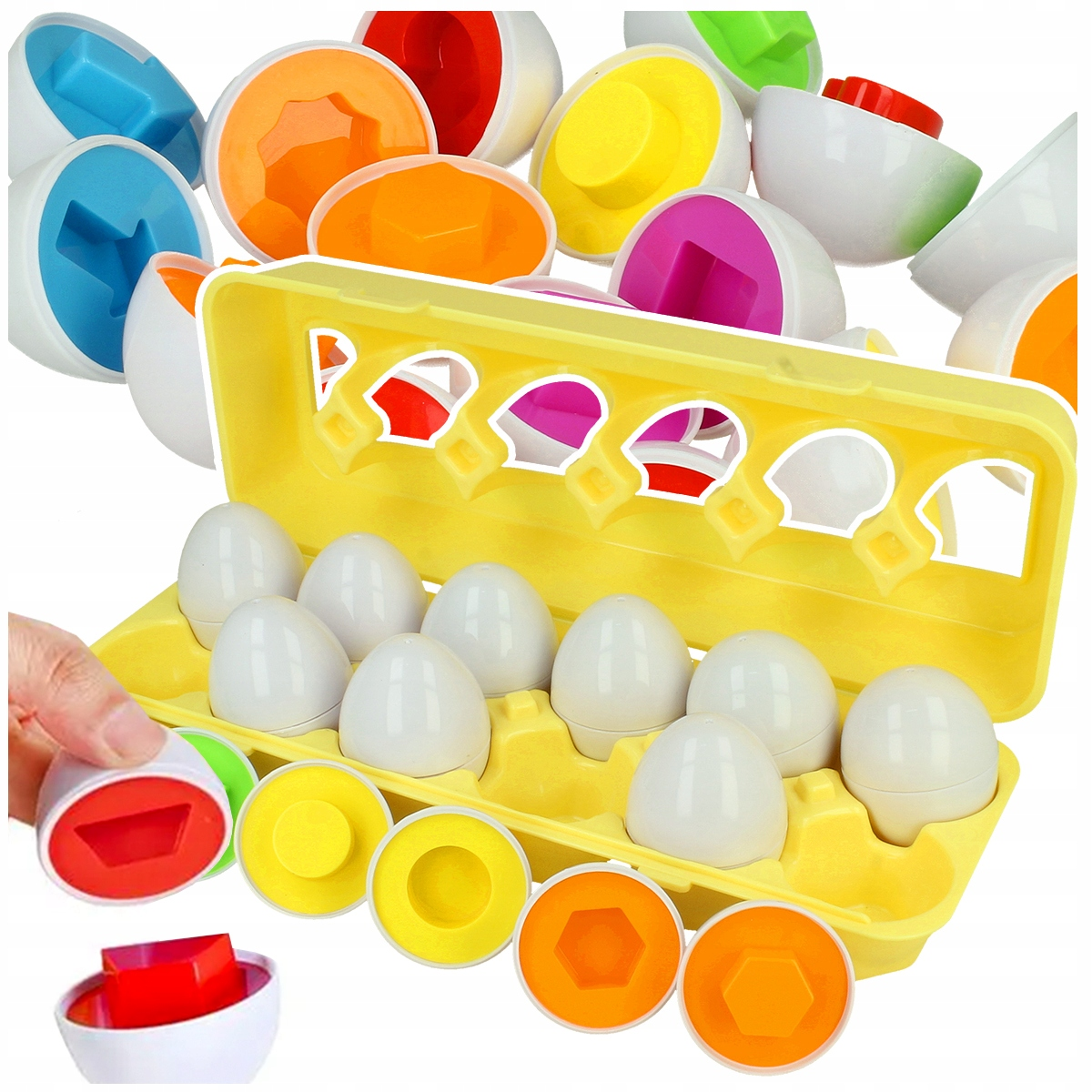 Kolorowe plastikowe jajka z pasującymi kształtami w żółtym kartonie.