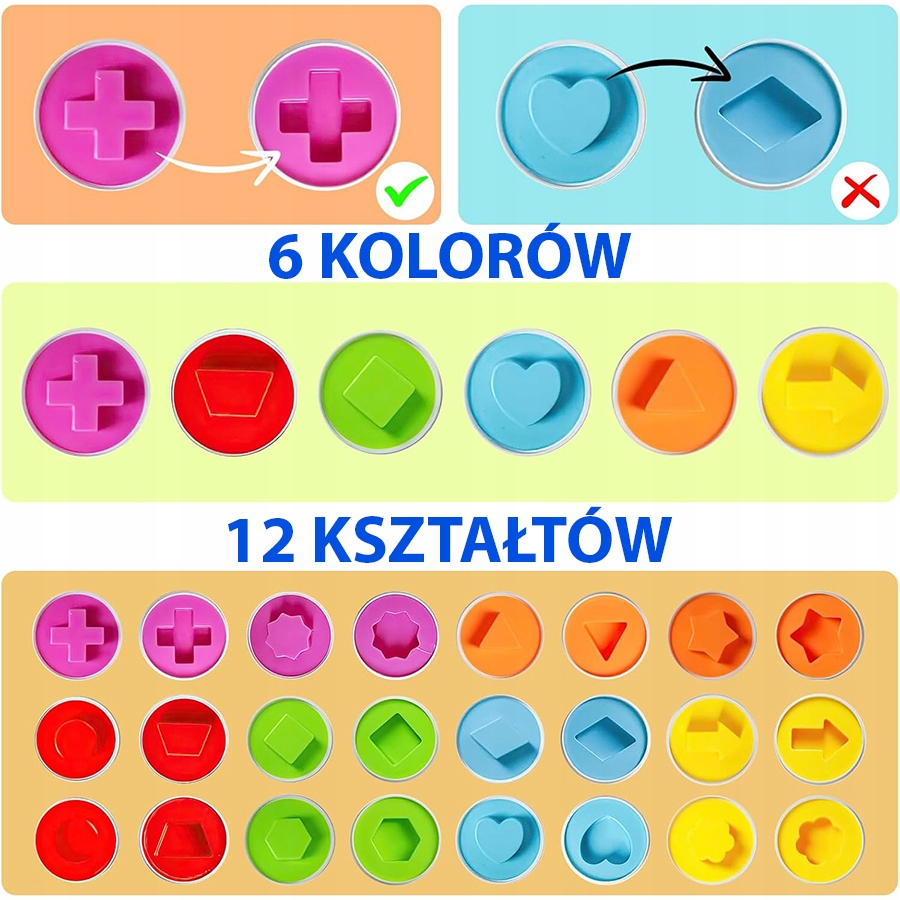 Kolorowe kształty i symbole w okrągłych pojemnikach z polskim tekstem.